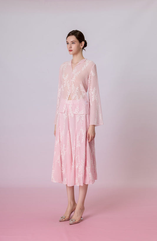 Karsyn Blush Pink Sheer Floral Embroidered A-Line Skirt - Nimisski