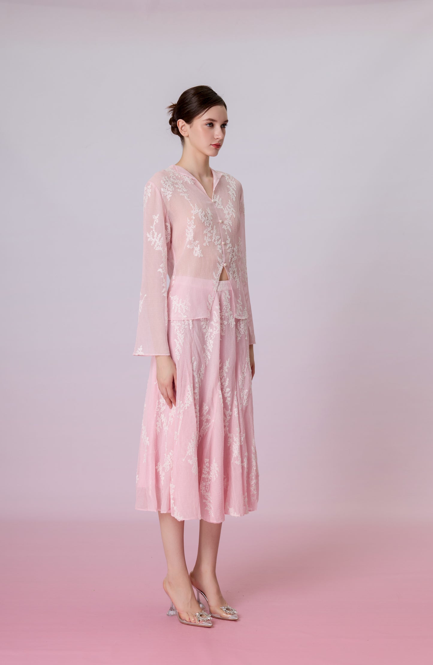 Karsyn Blush Pink Sheer Floral Embroidered A-Line Skirt