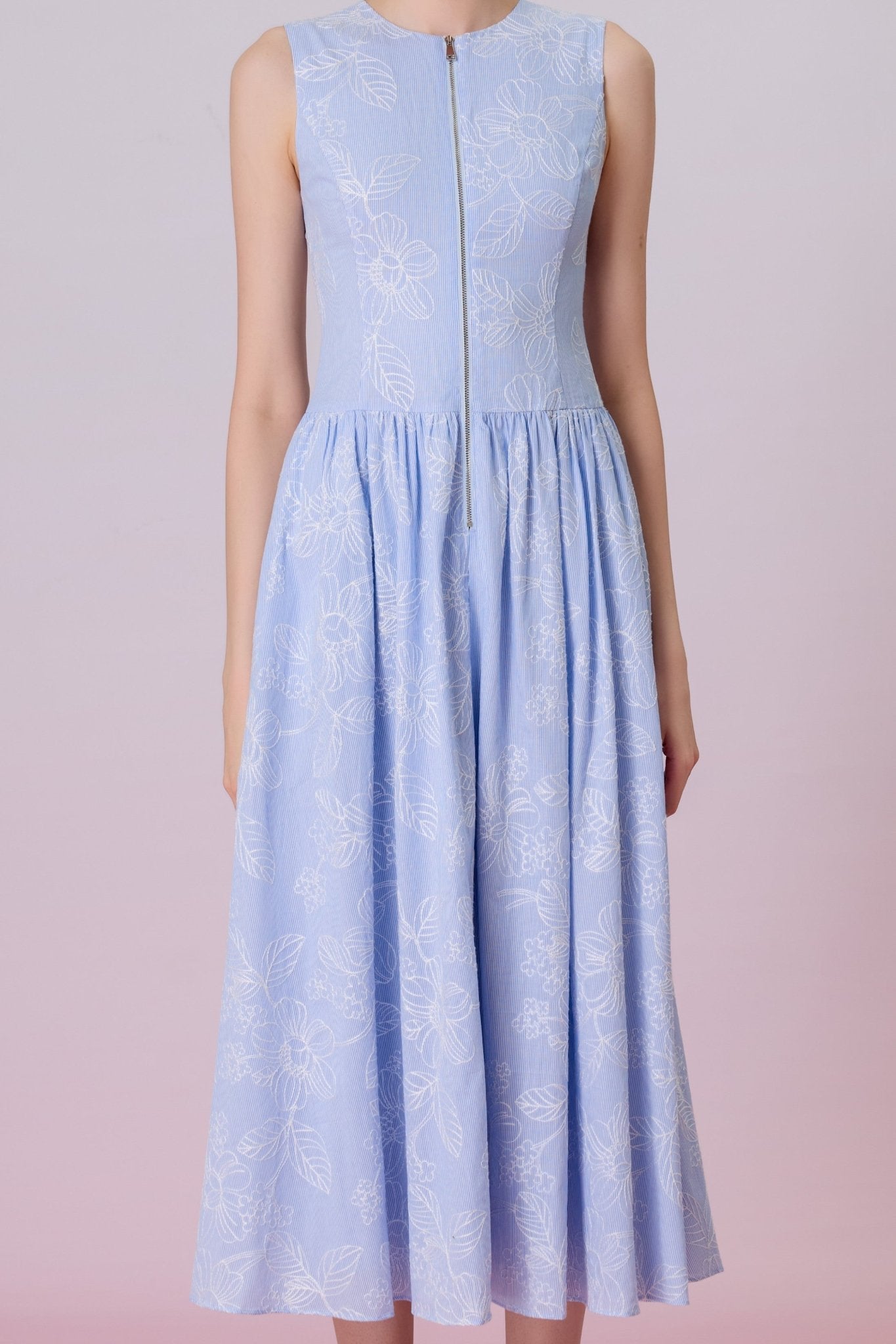 Kallie White Floral Emb In Light Blue Front-Zip Dress - Nimisski