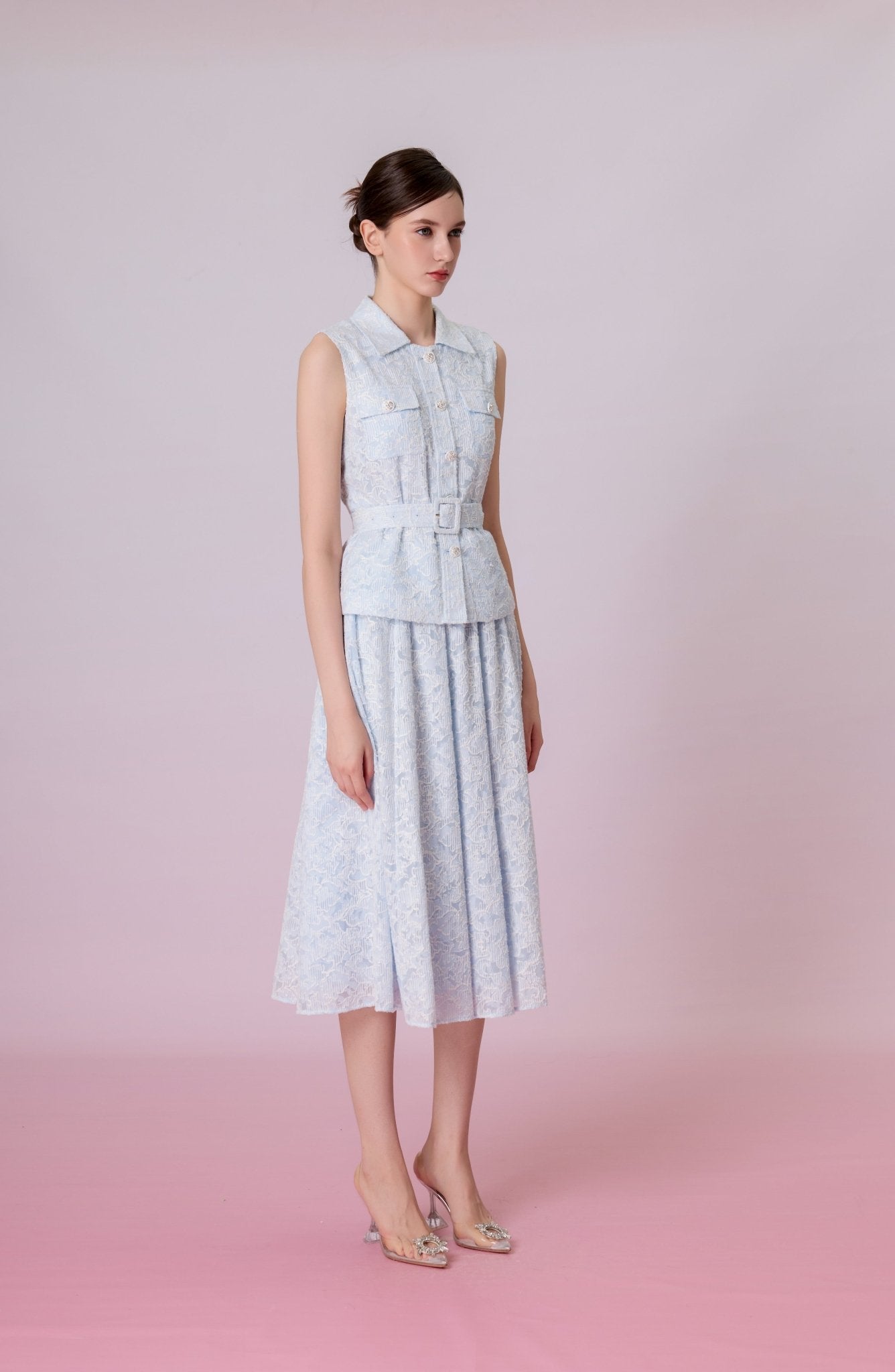 Kara Light Blue Floral Embroidery A-Line Maxi Skirt - Nimisski