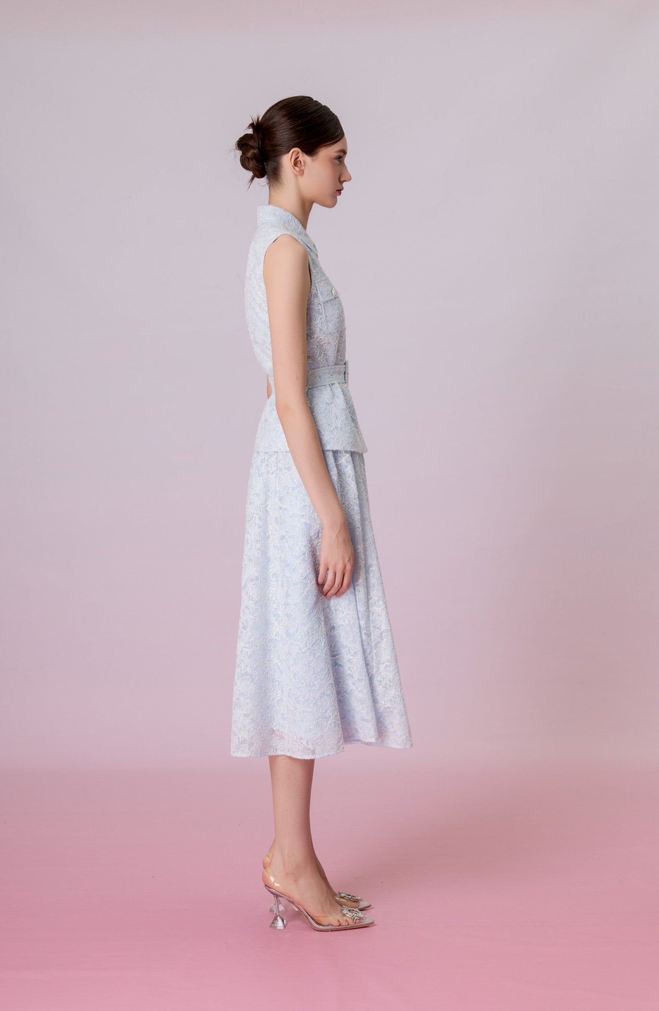 Kara Light Blue Floral Embroidery A-Line Maxi Skirt - Nimisski