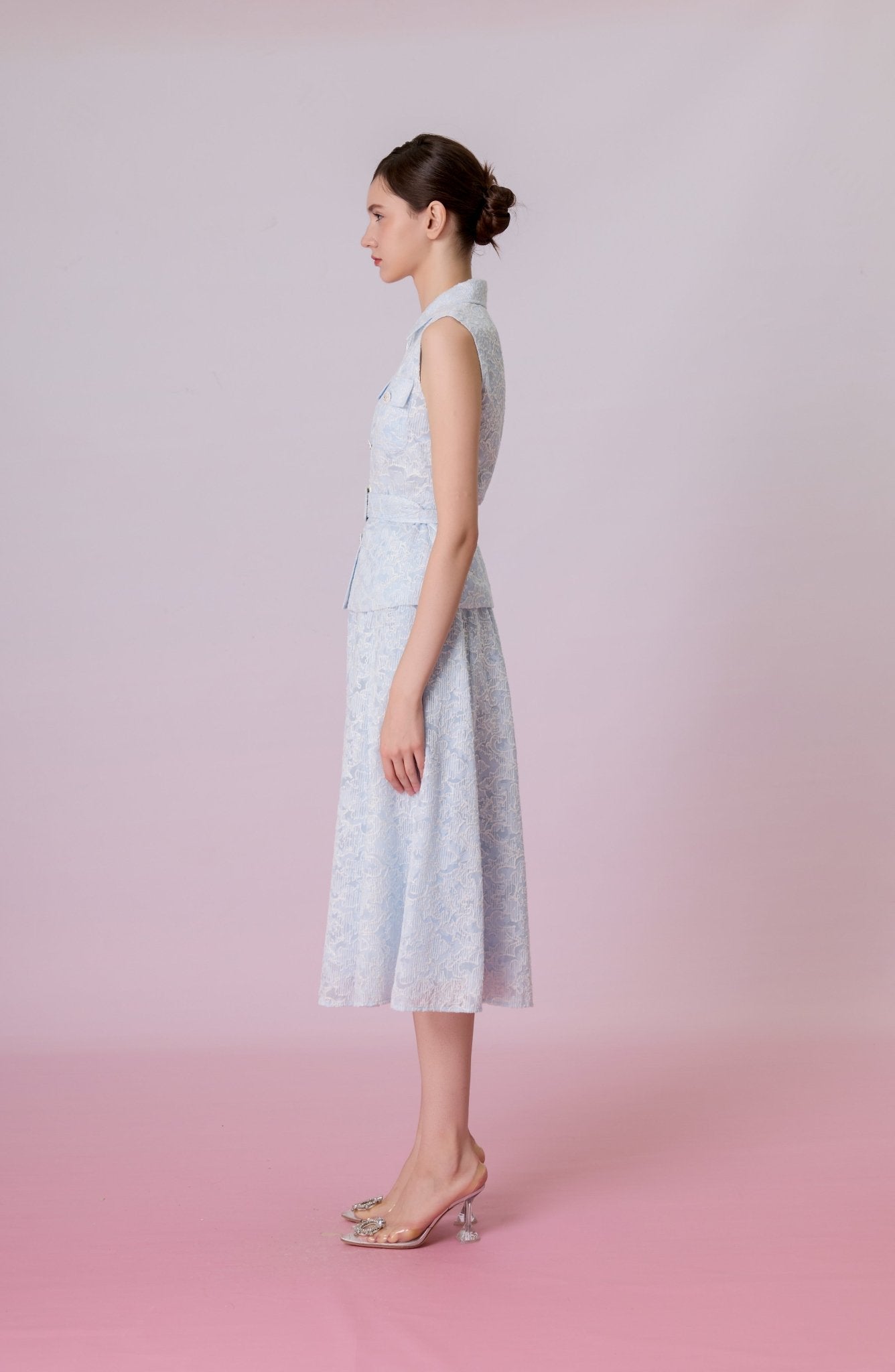 Kara Light Blue Floral Embroidery A-Line Maxi Skirt - Nimisski