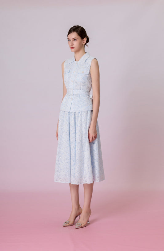 Kara Light Blue Floral Embroidery A-Line Maxi Skirt - Nimisski