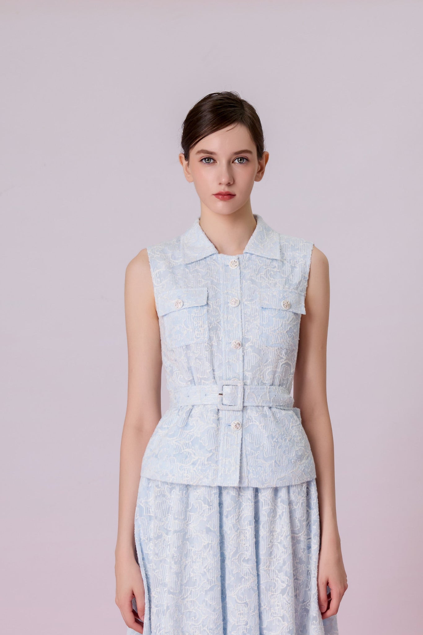 Kara Light Blue Floral Embroidery Sleeveless Top - Nimisski
