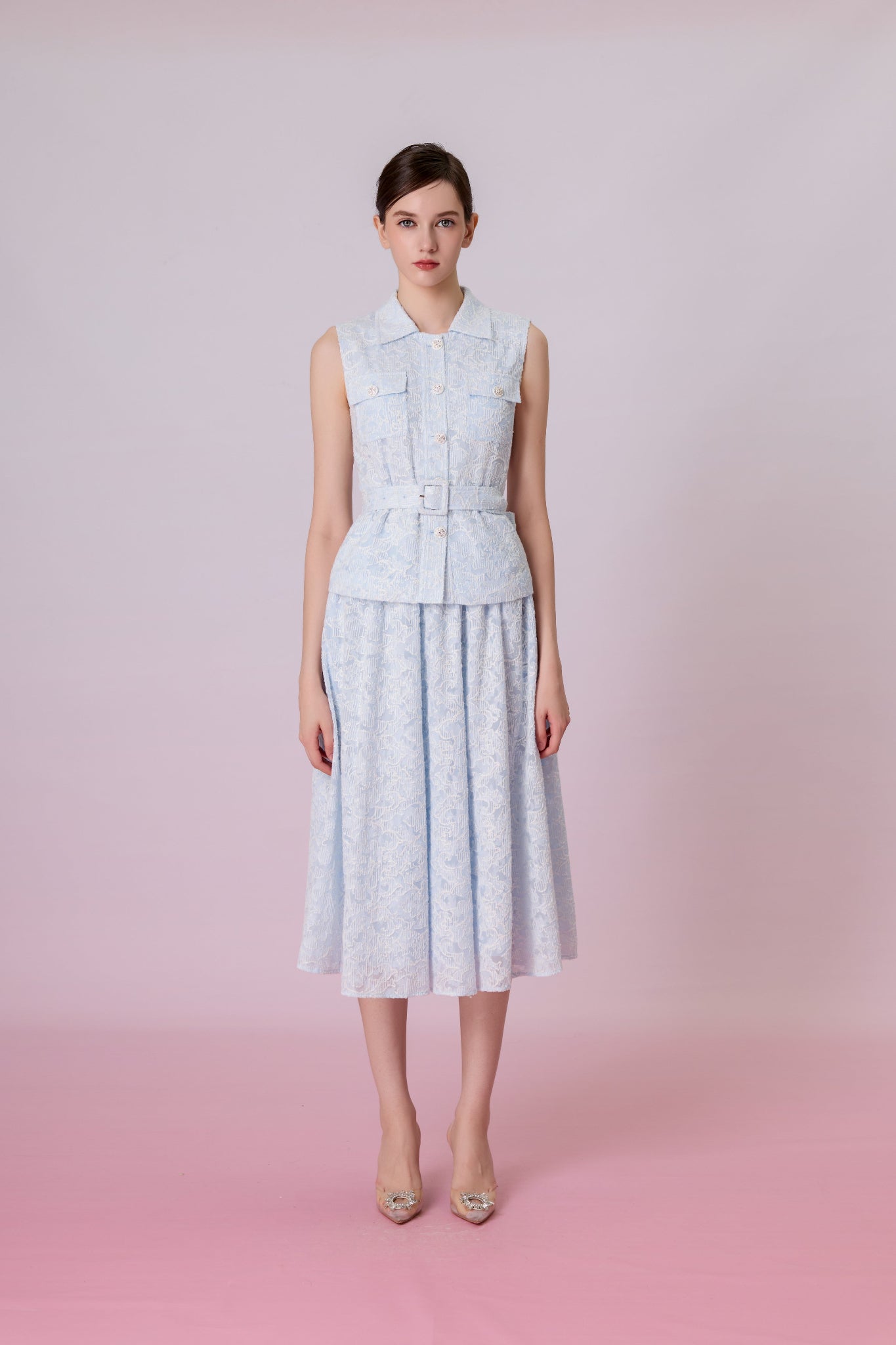 Kara Light Blue Floral Embroidery A-Line Maxi Skirt - Nimisski