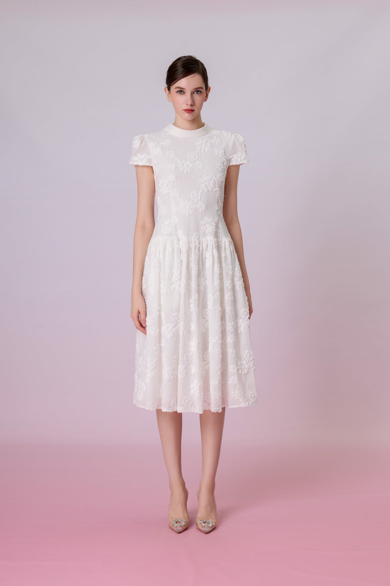 Kaia White 3D Floral Mock-Neck Dress - Nimisski