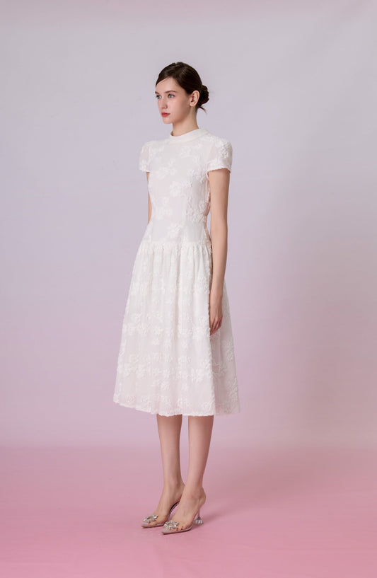 Kaia White 3D Floral Mock-Neck Dress - Nimisski