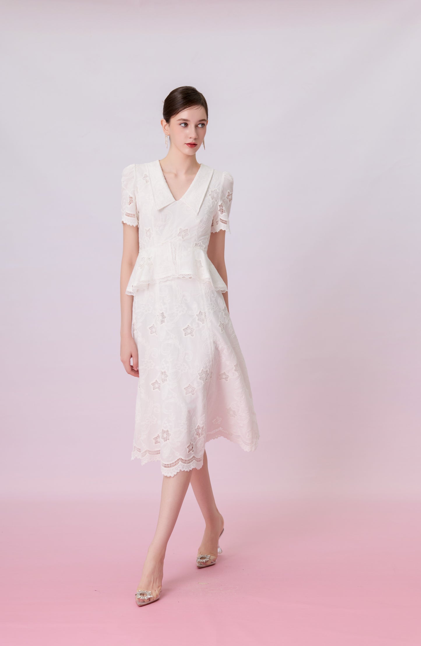 Kalia White Embroidered Lace Peplum Midi Dress