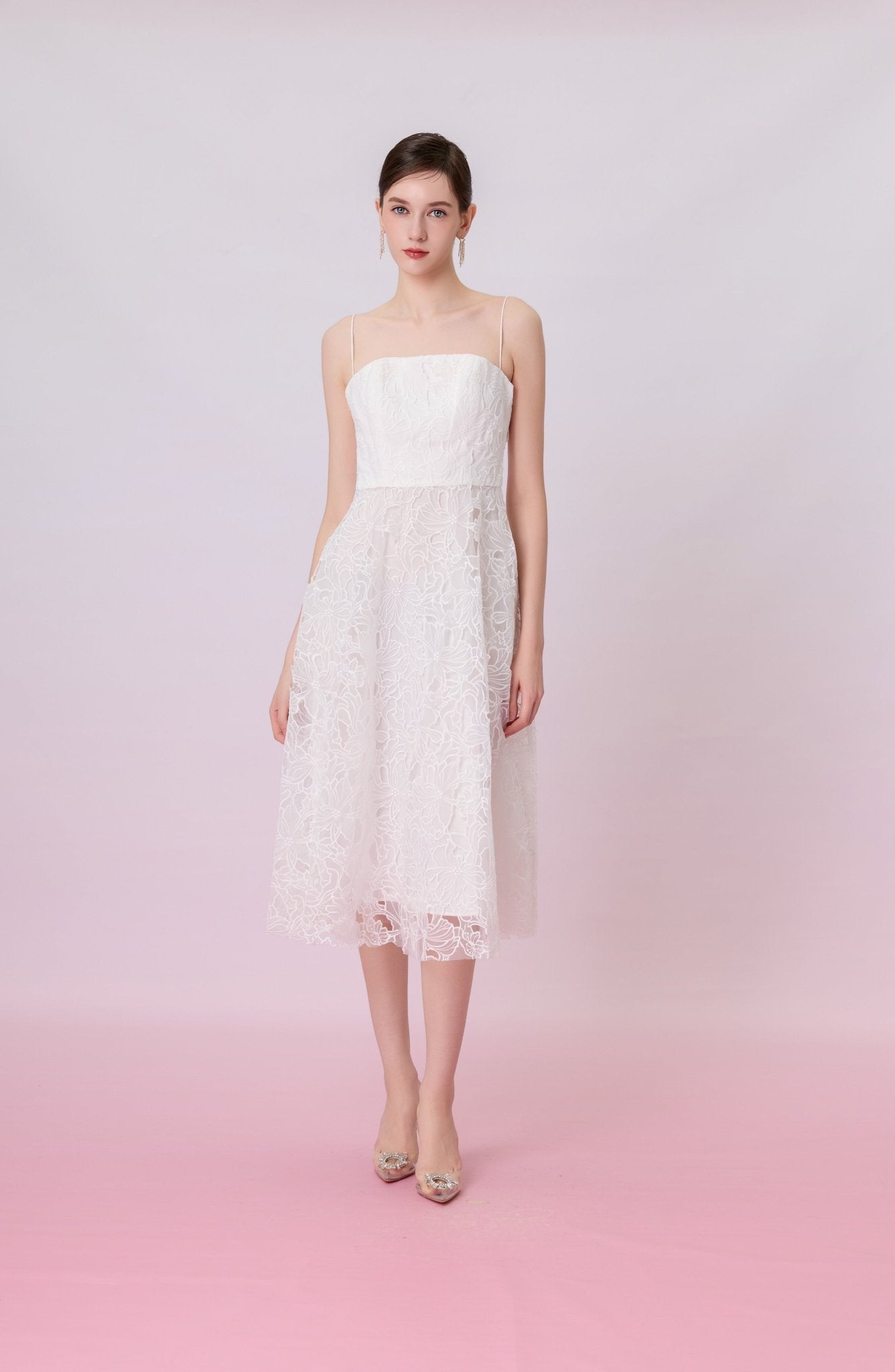 Juelline White Embroidered Mesh Long Dress - Nimisski