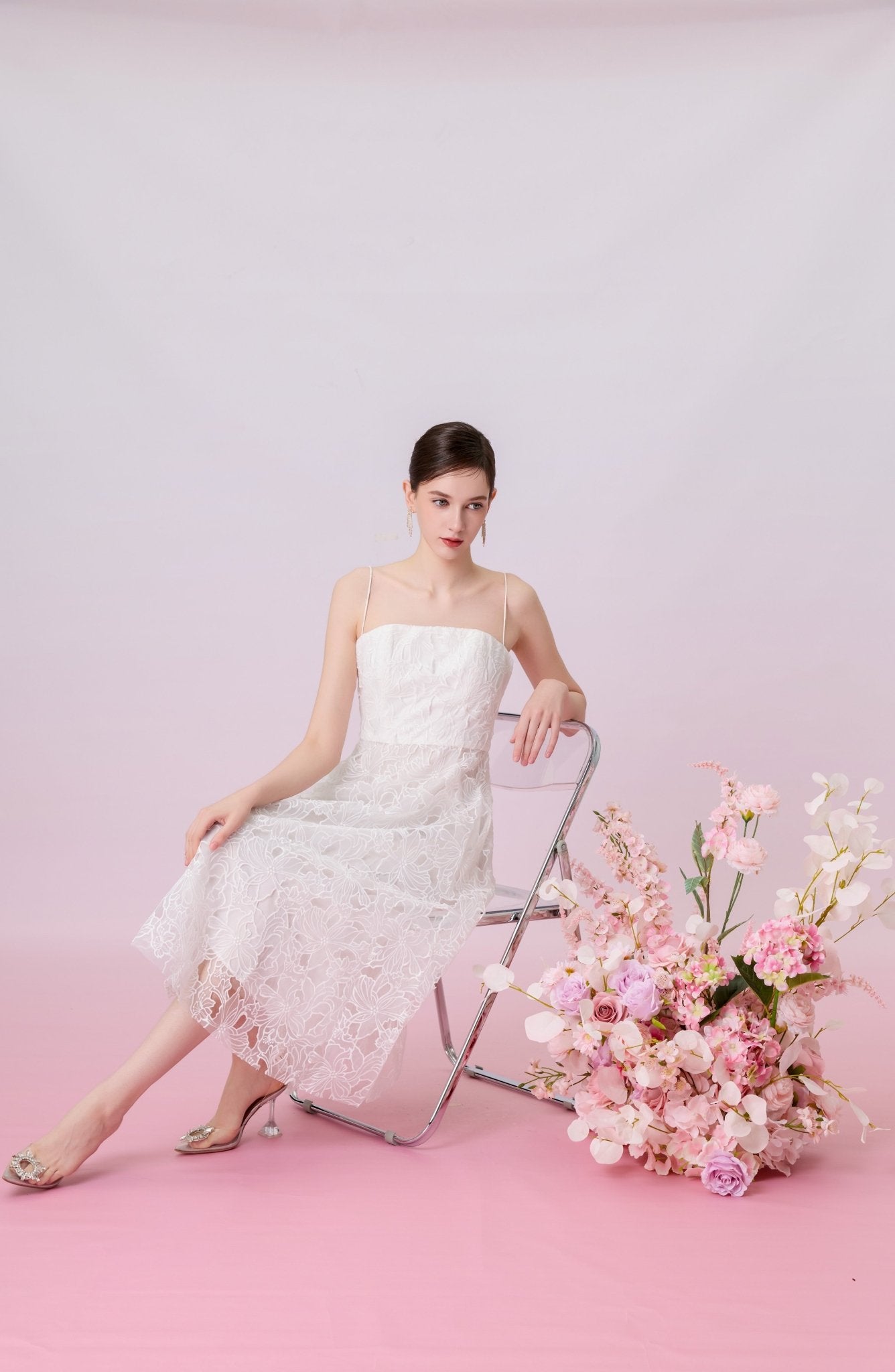 Juelline White Embroidered Mesh Long Dress - Nimisski