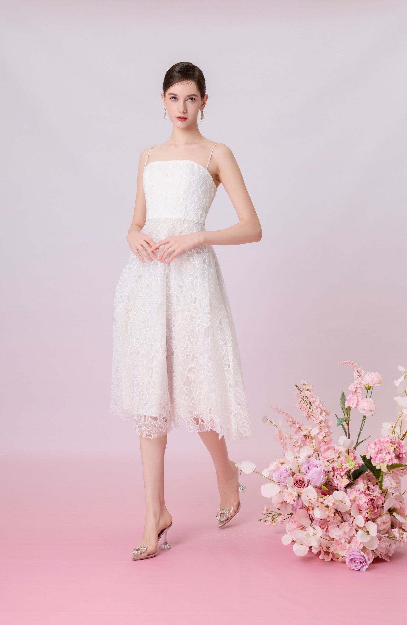 Juelline White Embroidered Mesh Long Dress - Nimisski