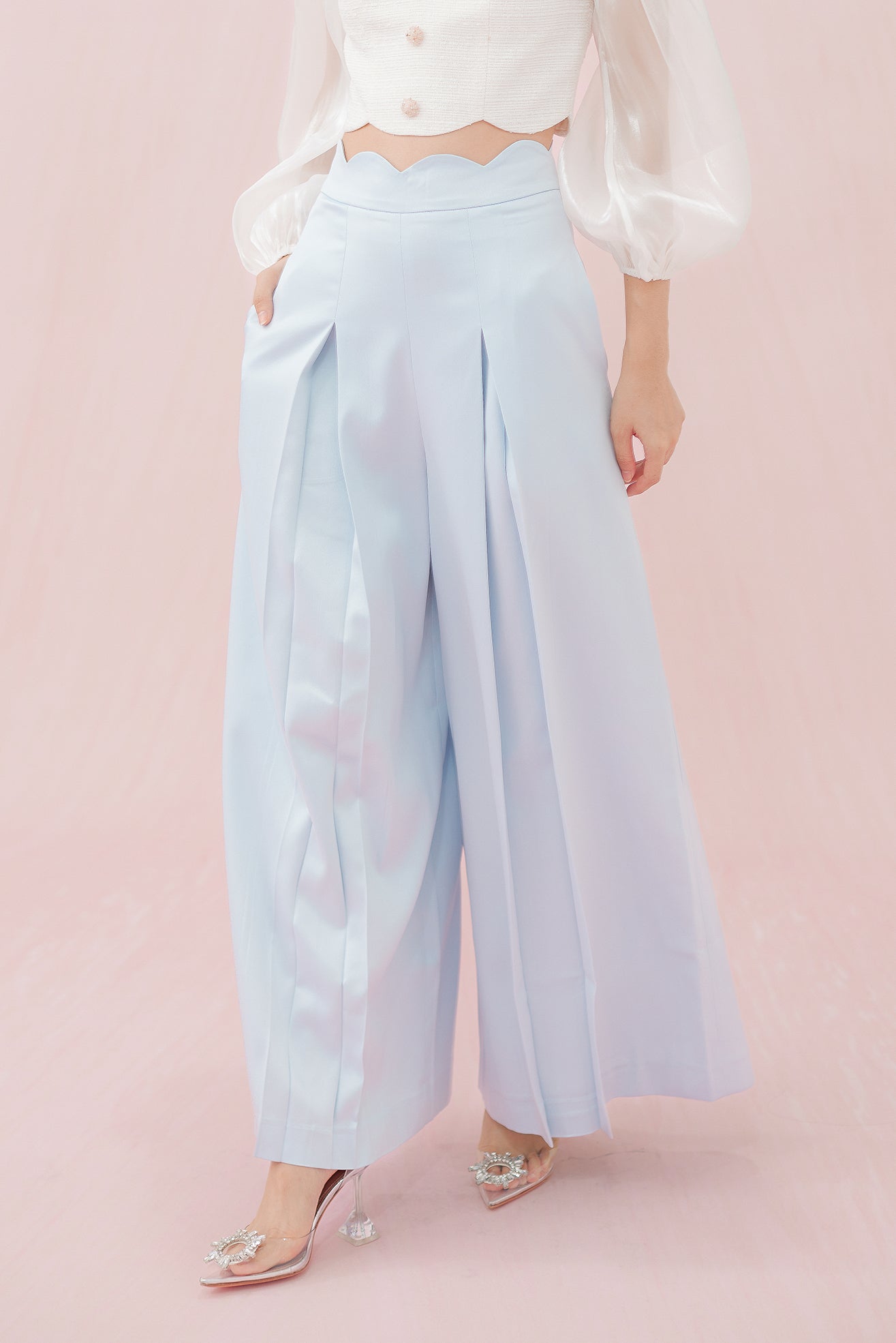 Margo Blue Satin Pleated Pants - Nimisski