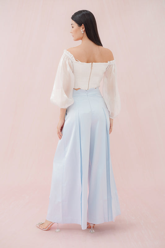Margo Blue Satin Pleated Pants - Nimisski