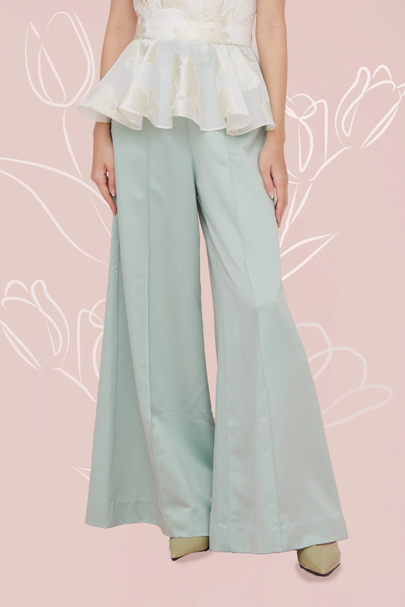 Margot Front Seam Green Satin Pants - Nimisski