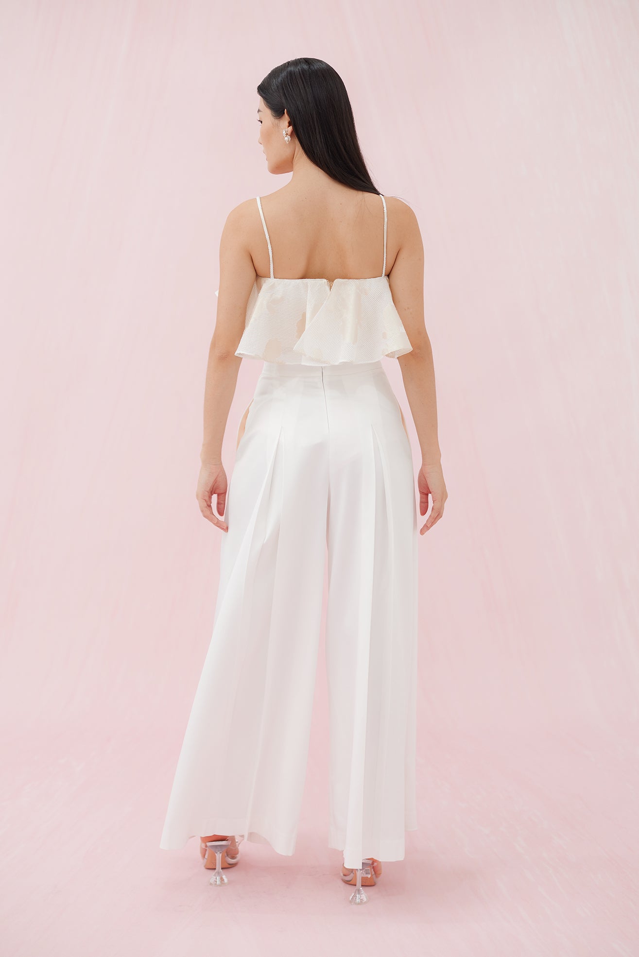 Margo White Satin Pleated Pants - Nimisski