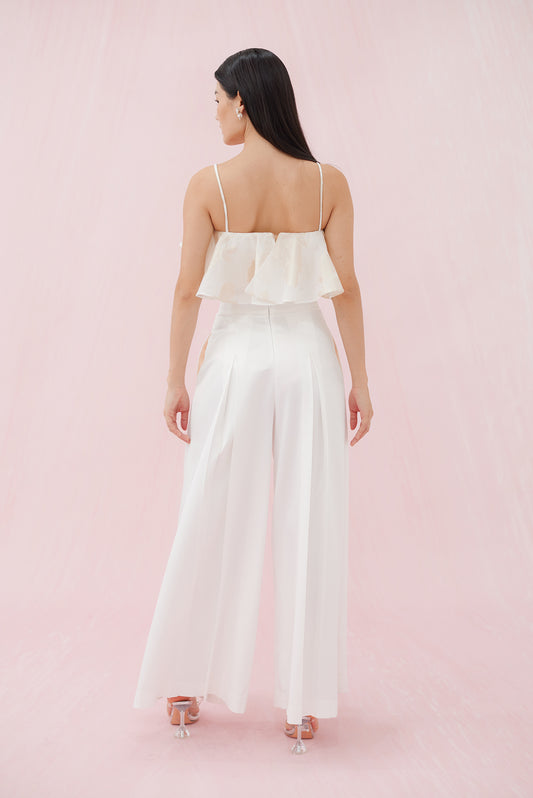 Margo White Satin Pleated Pants - Nimisski