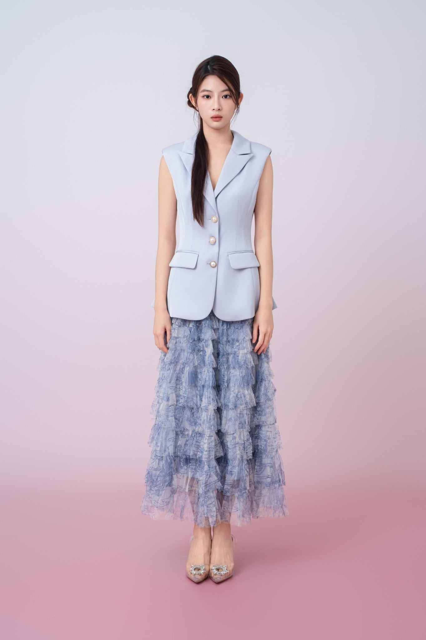 Kensley Blue Watercolor Print Tiered Tulle Maxi Skirt - Nimisski