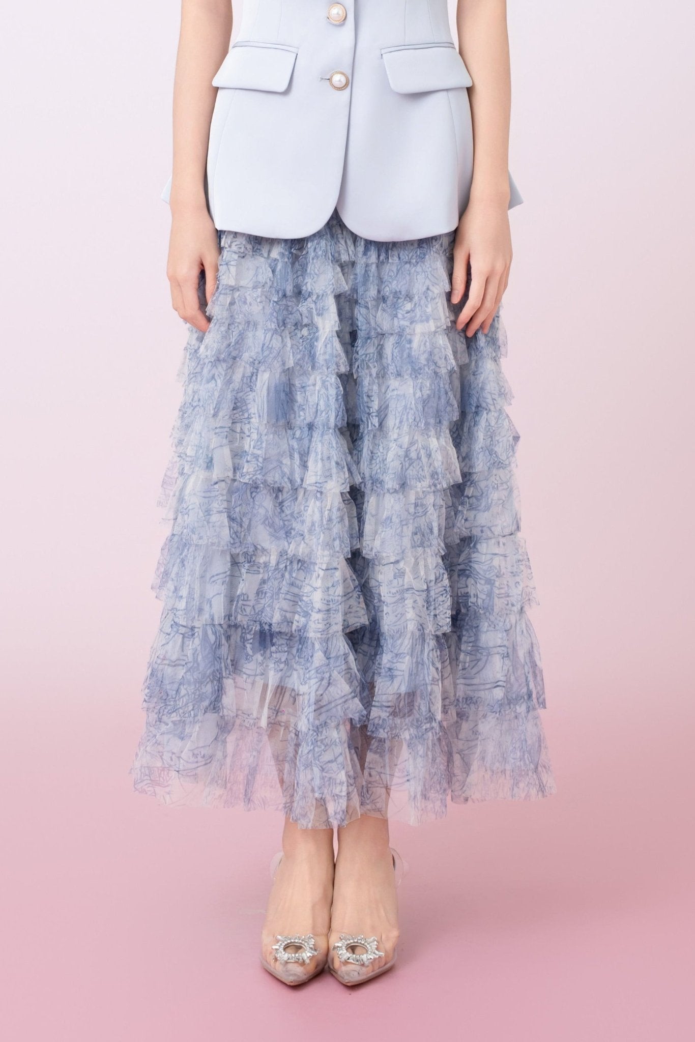 Kensley Blue Watercolor Print Tiered Tulle Maxi Skirt - Nimisski