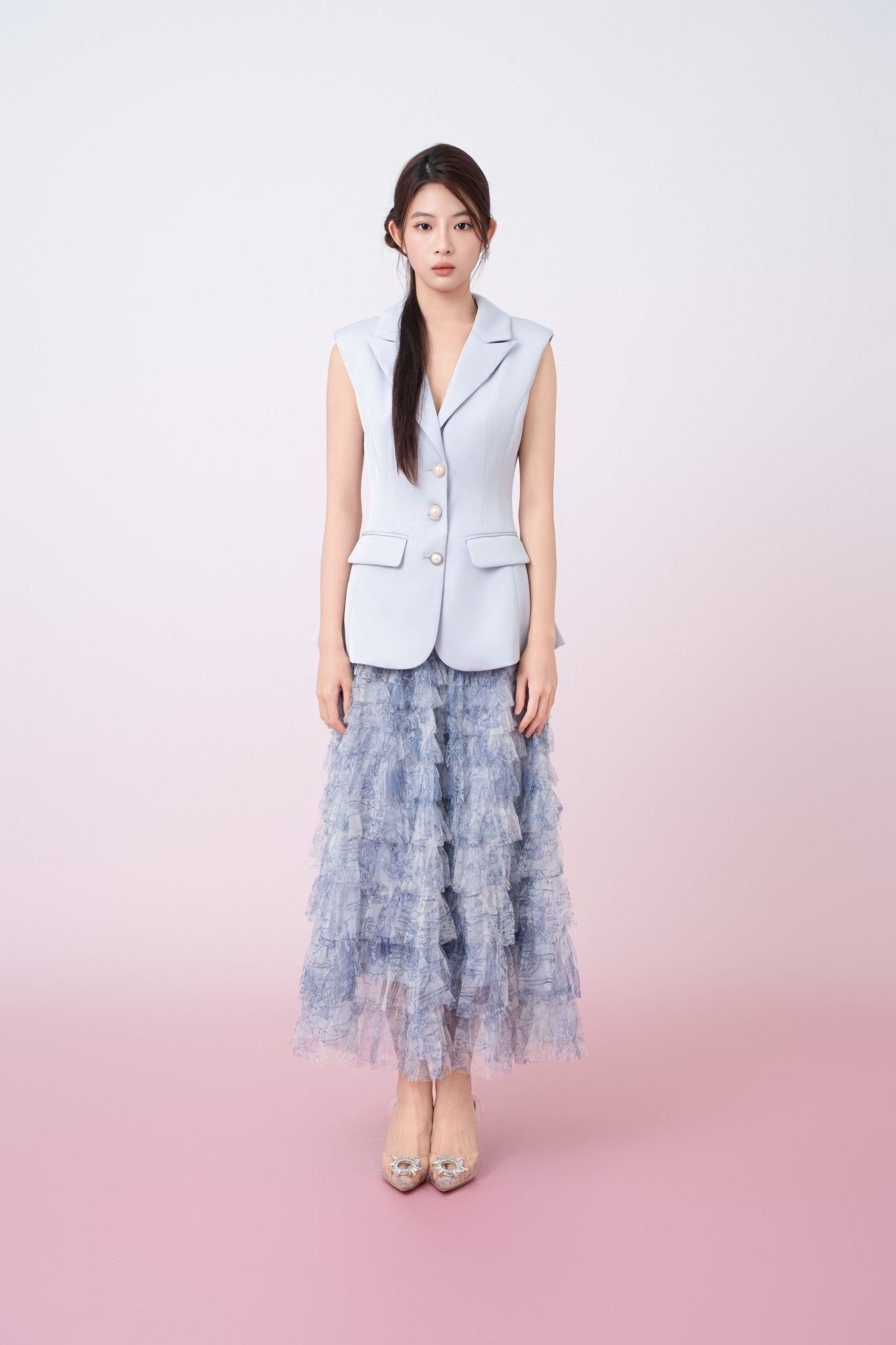 Kensley Blue Watercolor Print Tiered Tulle Maxi Skirt - Nimisski