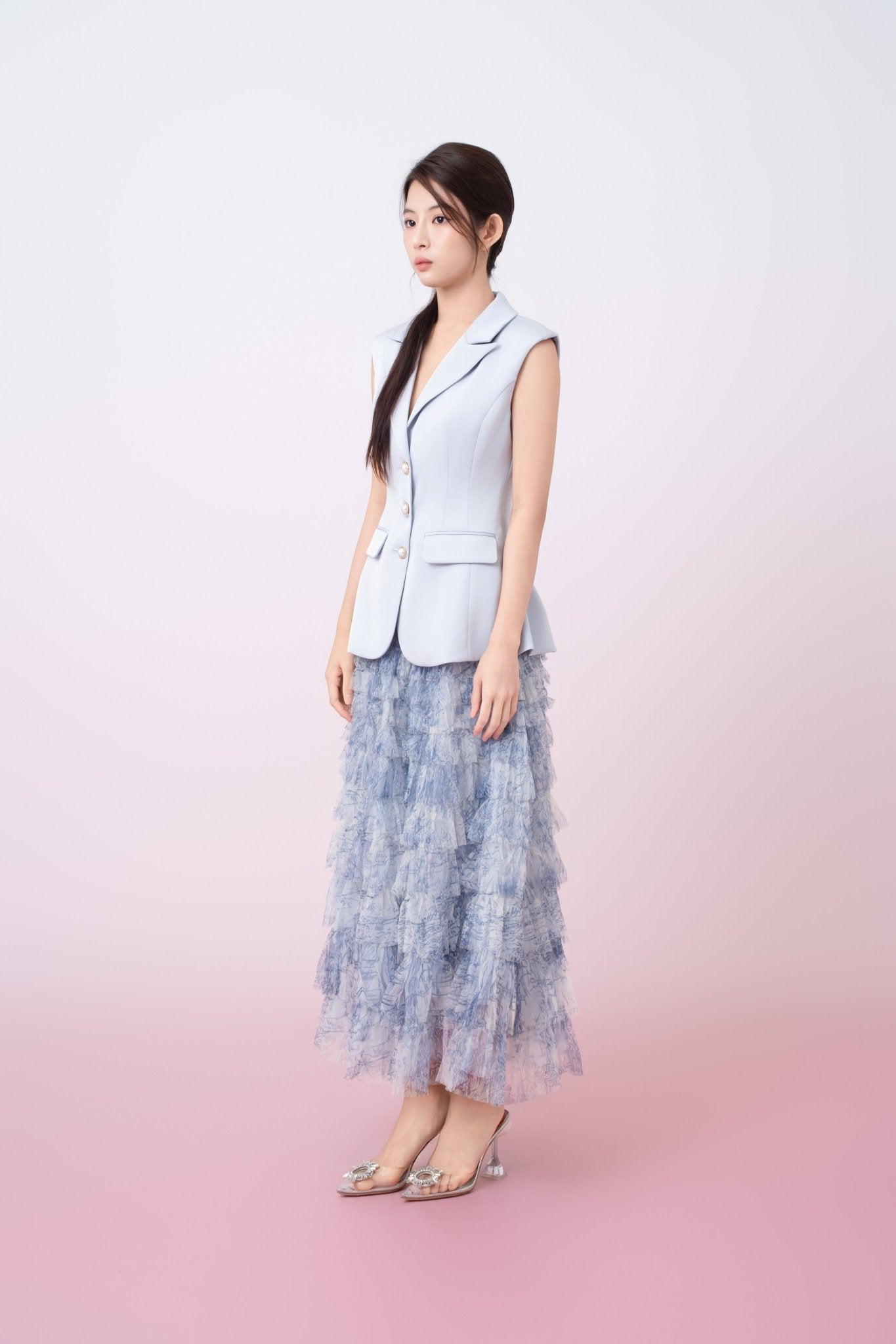 Kensley Blue Watercolor Print Tiered Tulle Maxi Skirt - Nimisski