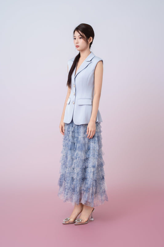 Kensley Blue Watercolor Print Tiered Tulle Maxi Skirt - Nimisski