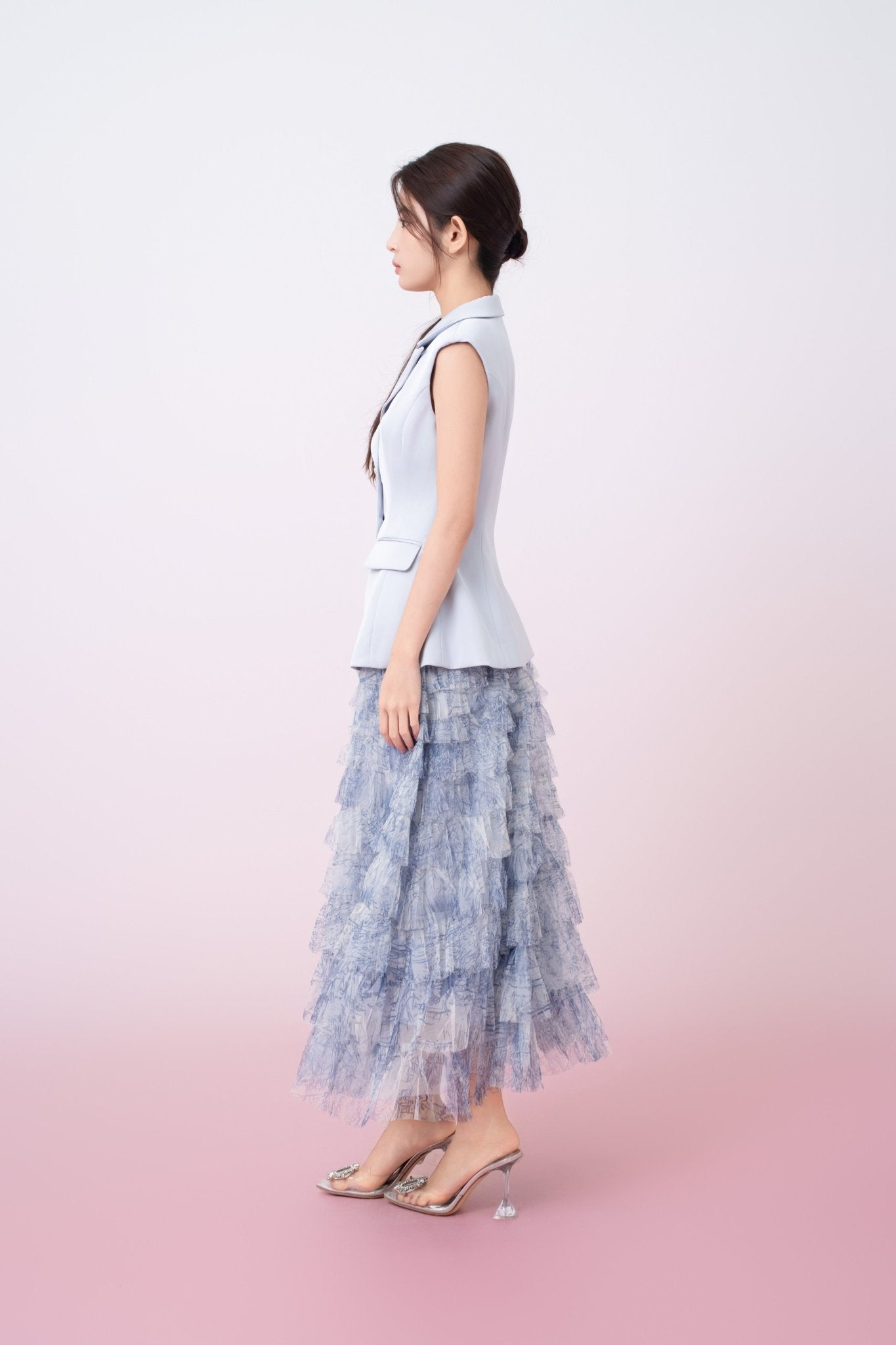 Kensley Blue Watercolor Print Tiered Tulle Maxi Skirt - Nimisski