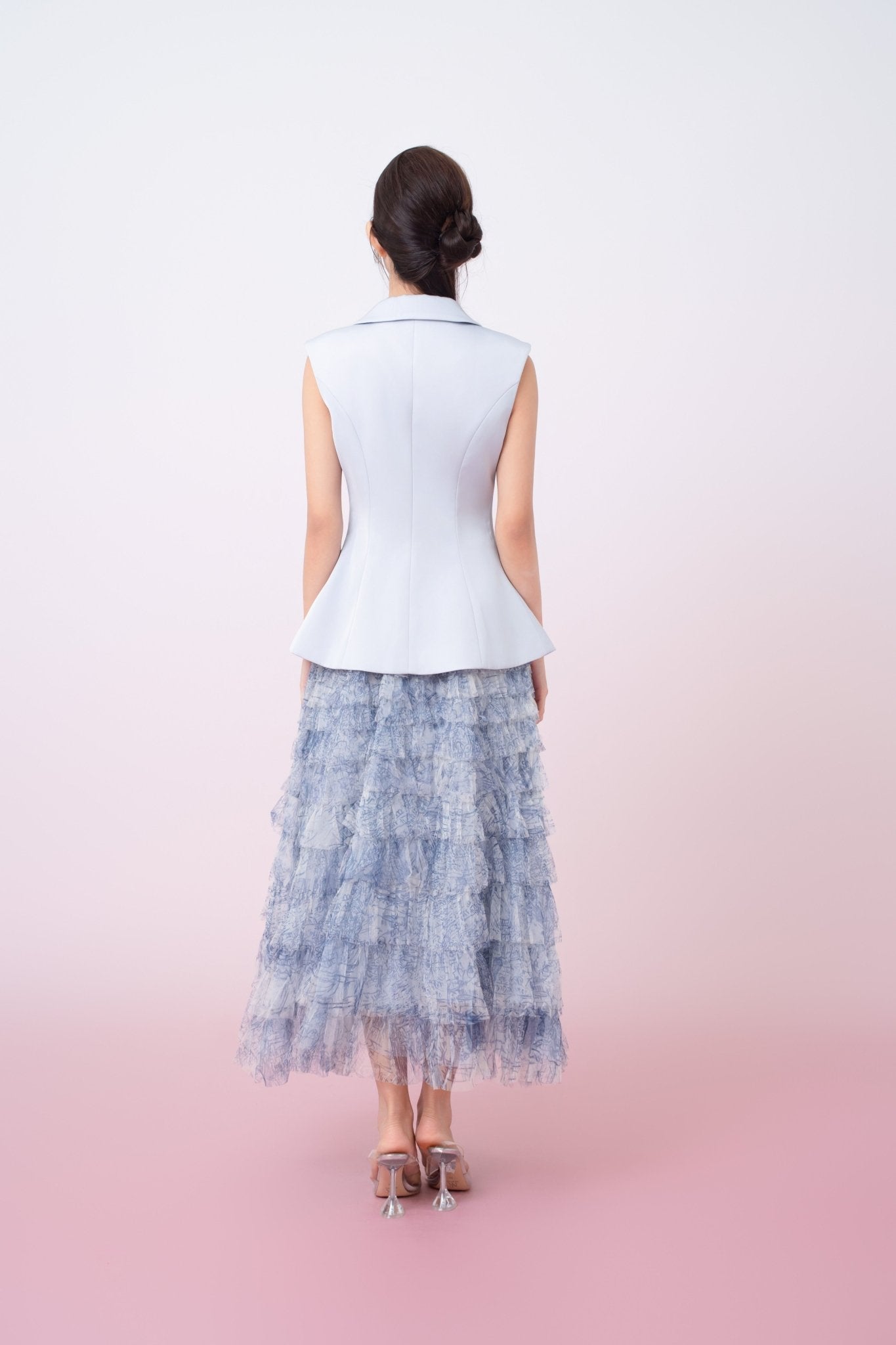 Kensley Blue Watercolor Print Tiered Tulle Maxi Skirt - Nimisski