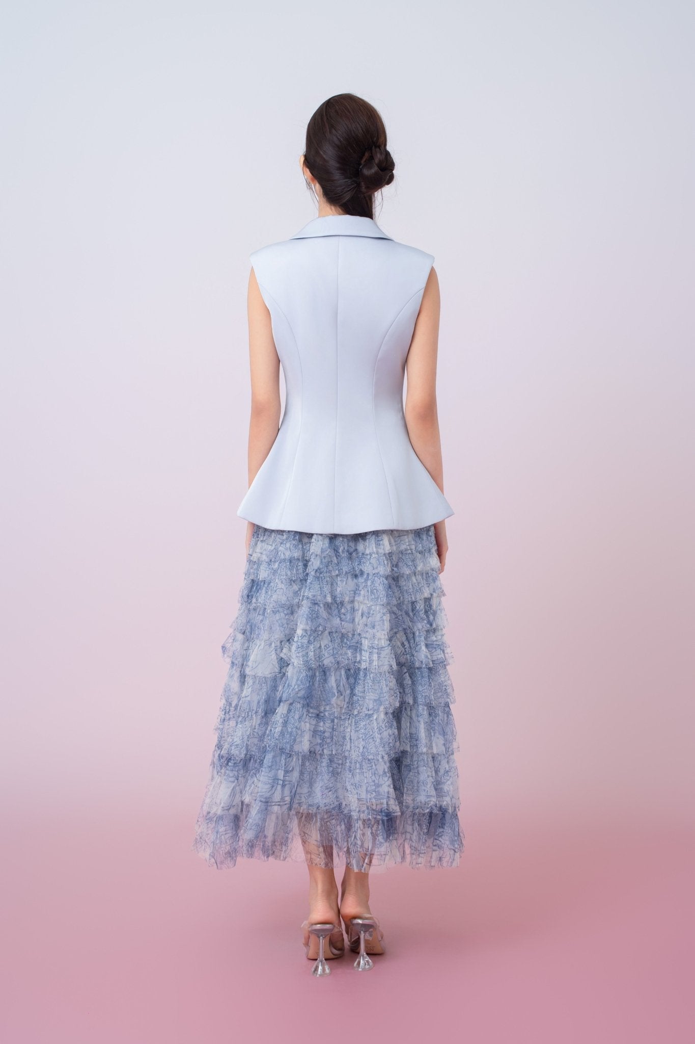 Kensley Blue Watercolor Print Tiered Tulle Maxi Skirt - Nimisski