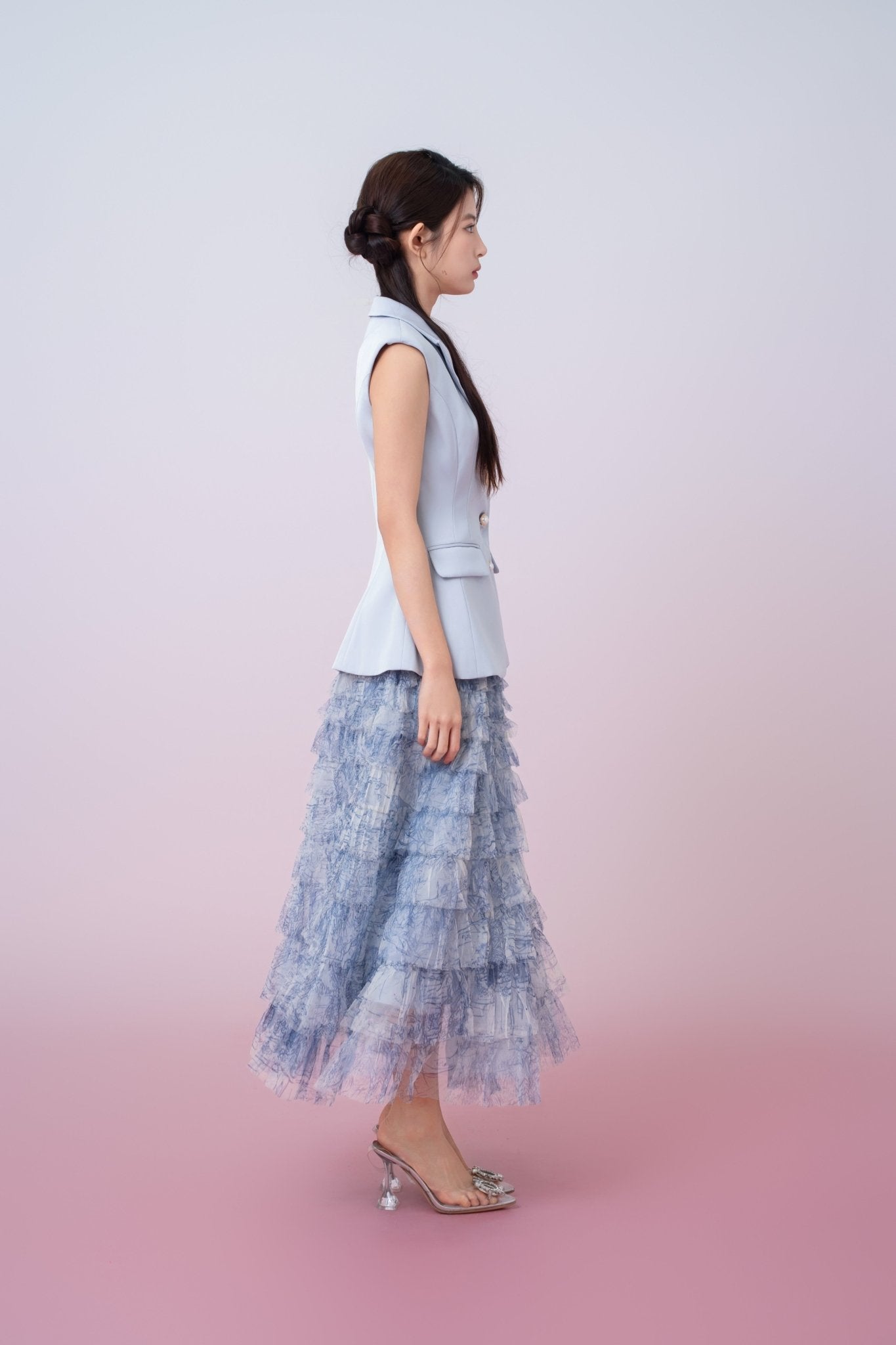 Kensley Blue Watercolor Print Tiered Tulle Maxi Skirt - Nimisski