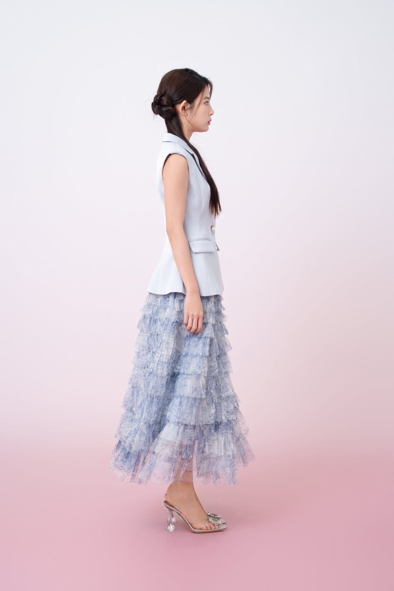 Kensley Blue Watercolor Print Tiered Tulle Maxi Skirt - Nimisski