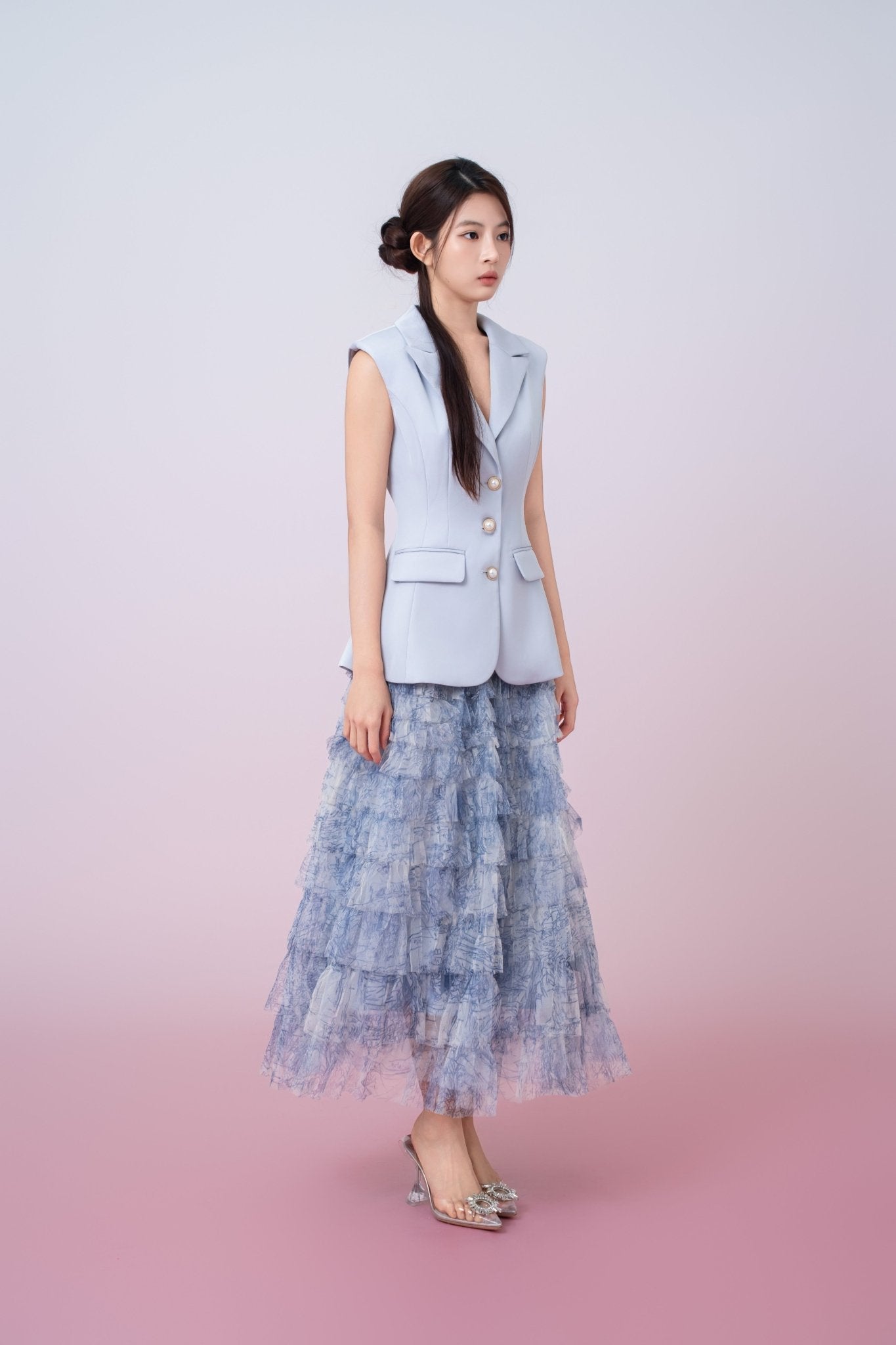 Kensley Blue Watercolor Print Tiered Tulle Maxi Skirt - Nimisski