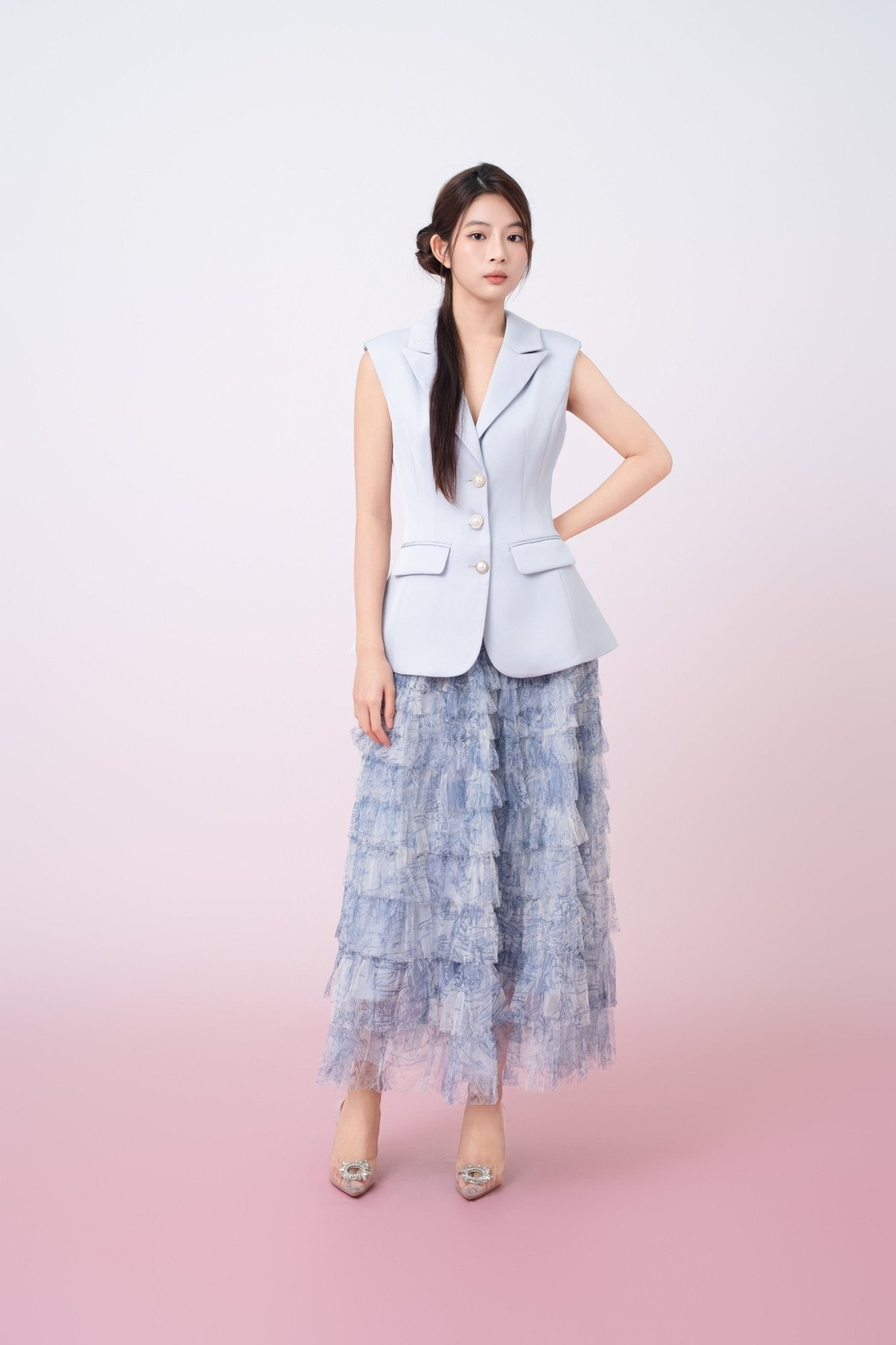 Kensley Blue Watercolor Print Tiered Tulle Maxi Skirt - Nimisski