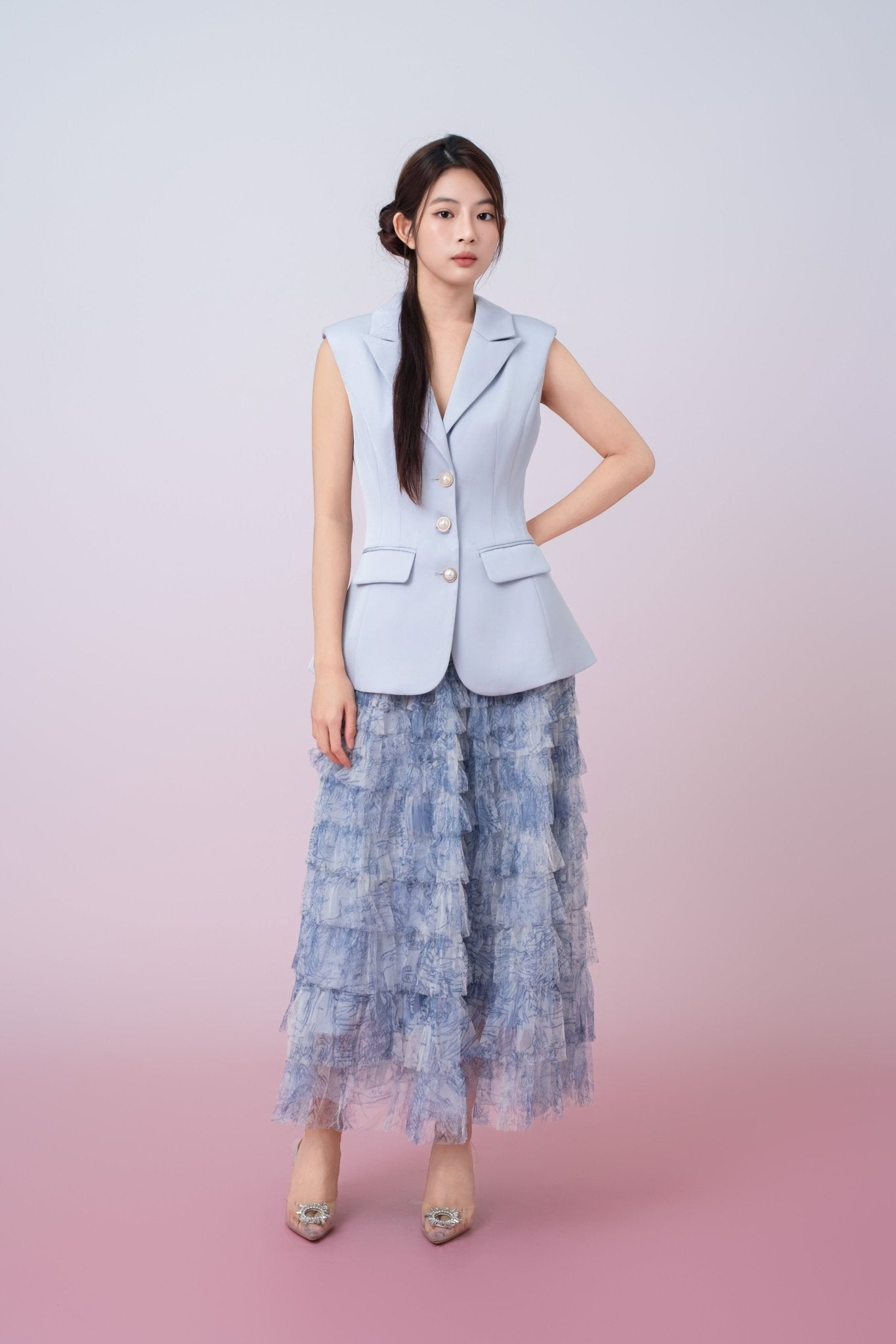 Kensley Blue Watercolor Print Tiered Tulle Maxi Skirt - Nimisski