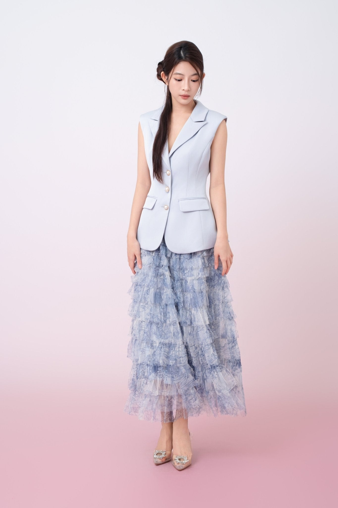 Kensley Blue Watercolor Print Tiered Tulle Maxi Skirt - Nimisski