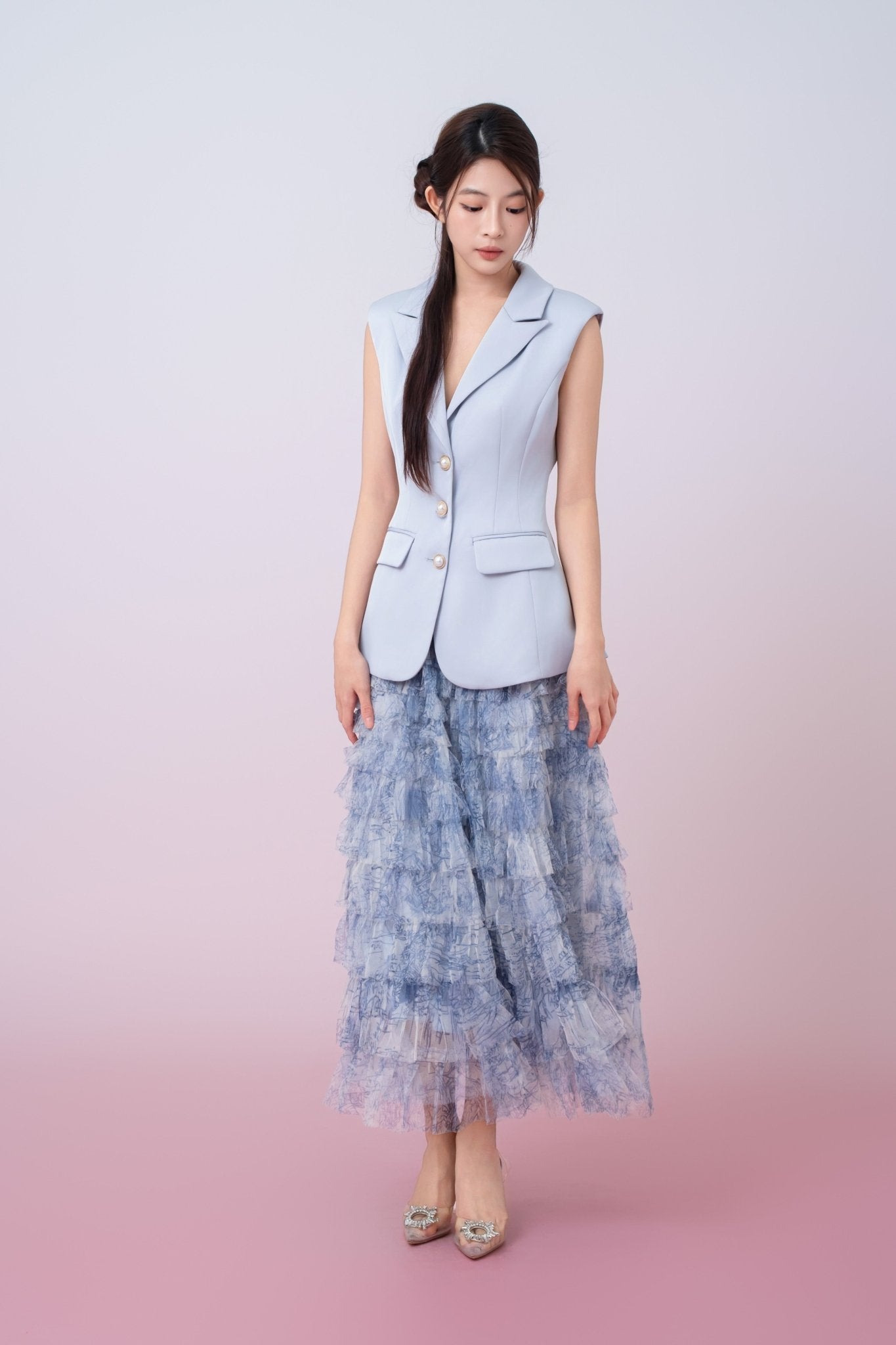 Kensley Blue Watercolor Print Tiered Tulle Maxi Skirt - Nimisski