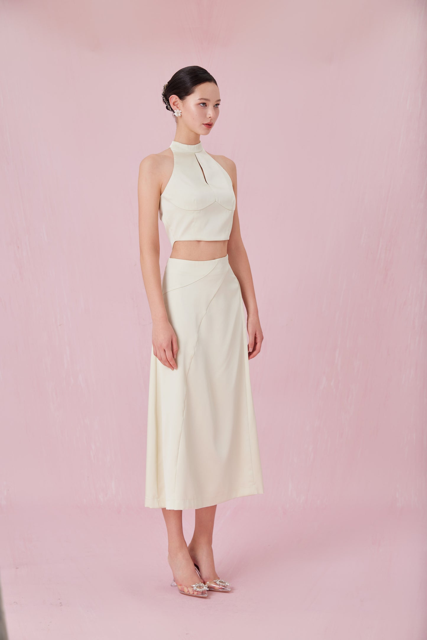 Cendrine Light Green Satin Pleated Skirt