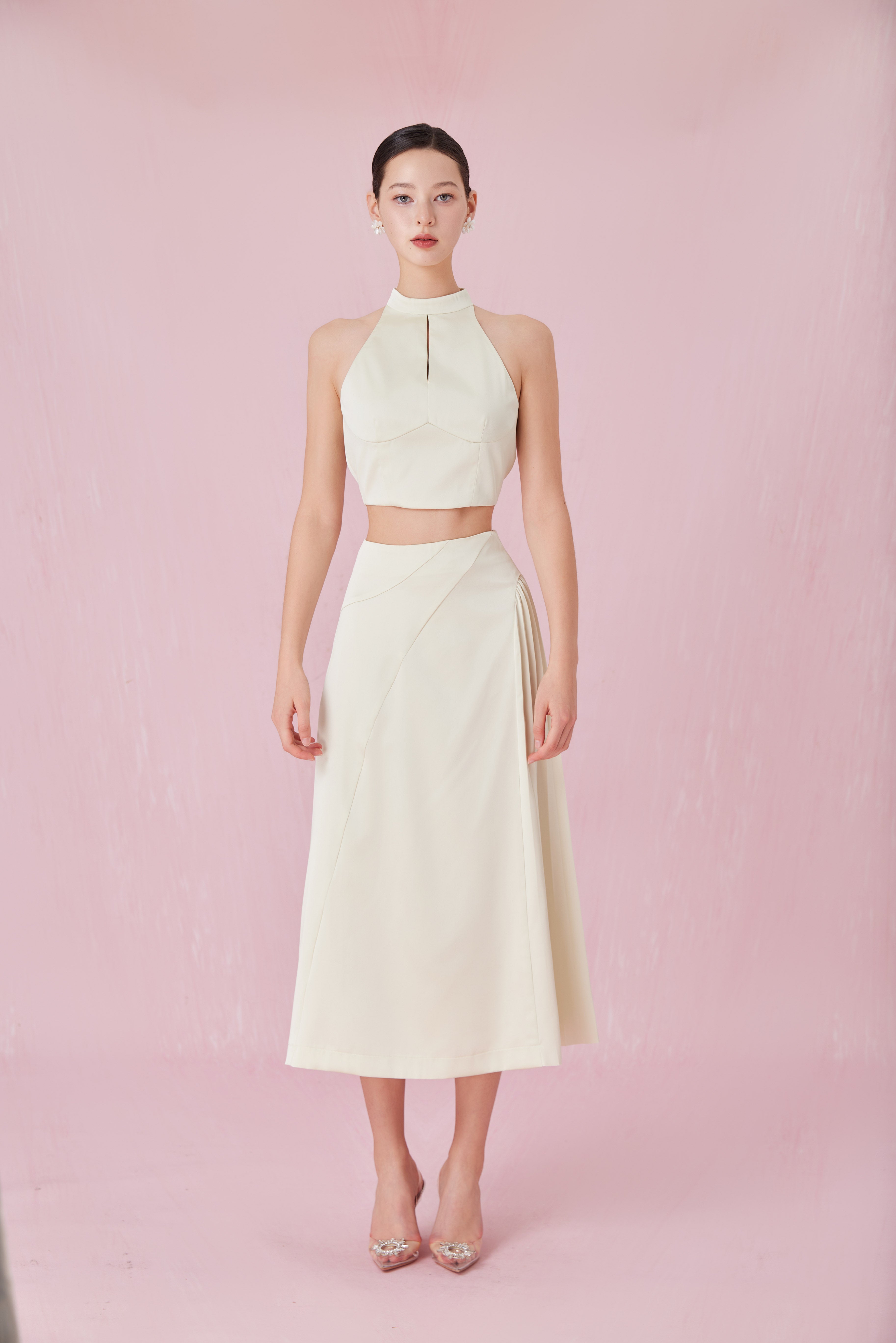 Cendrine Light Green Satin Pleated Skirt