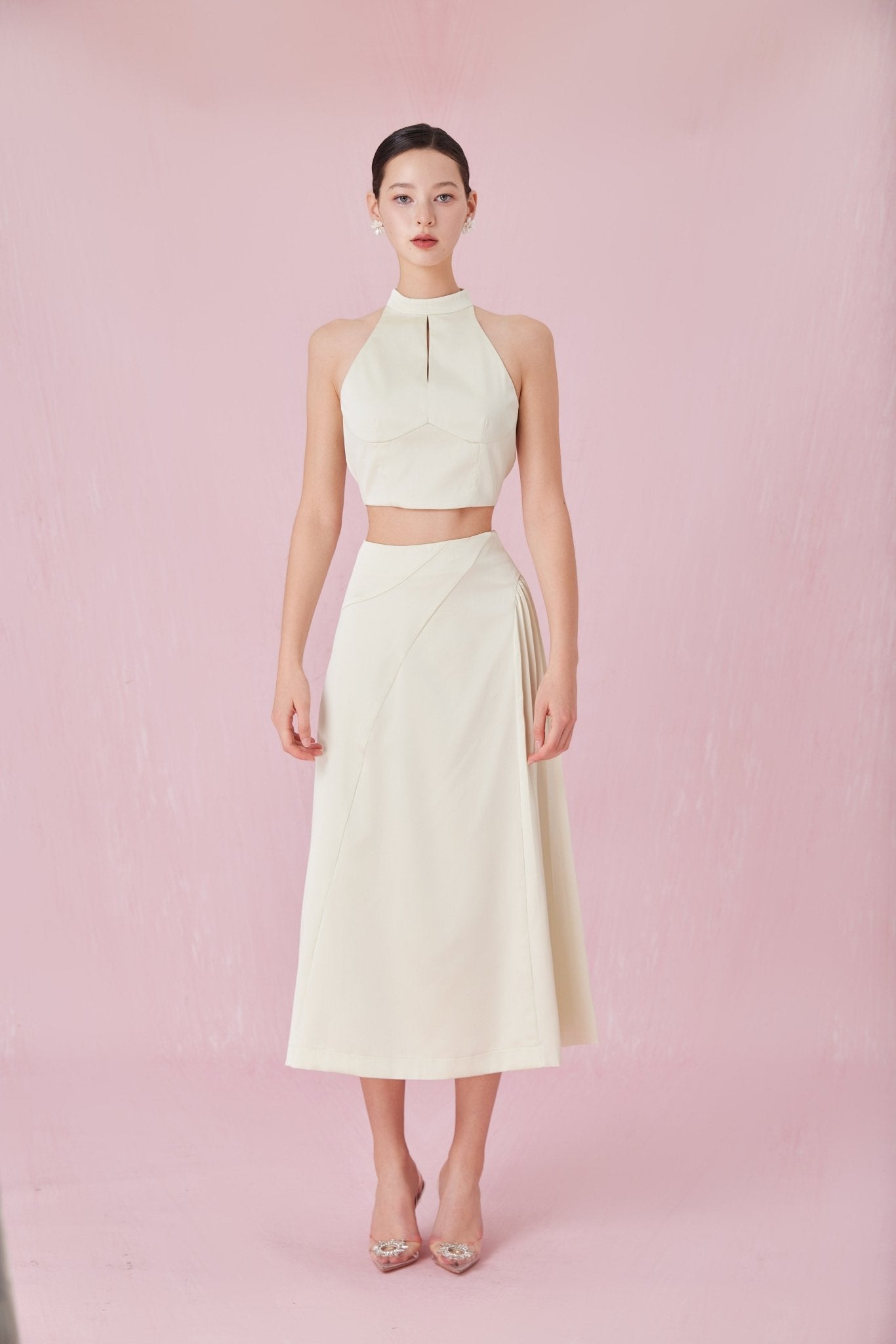 Cendrine Light Green Satin Pleated Skirt - Nimisski