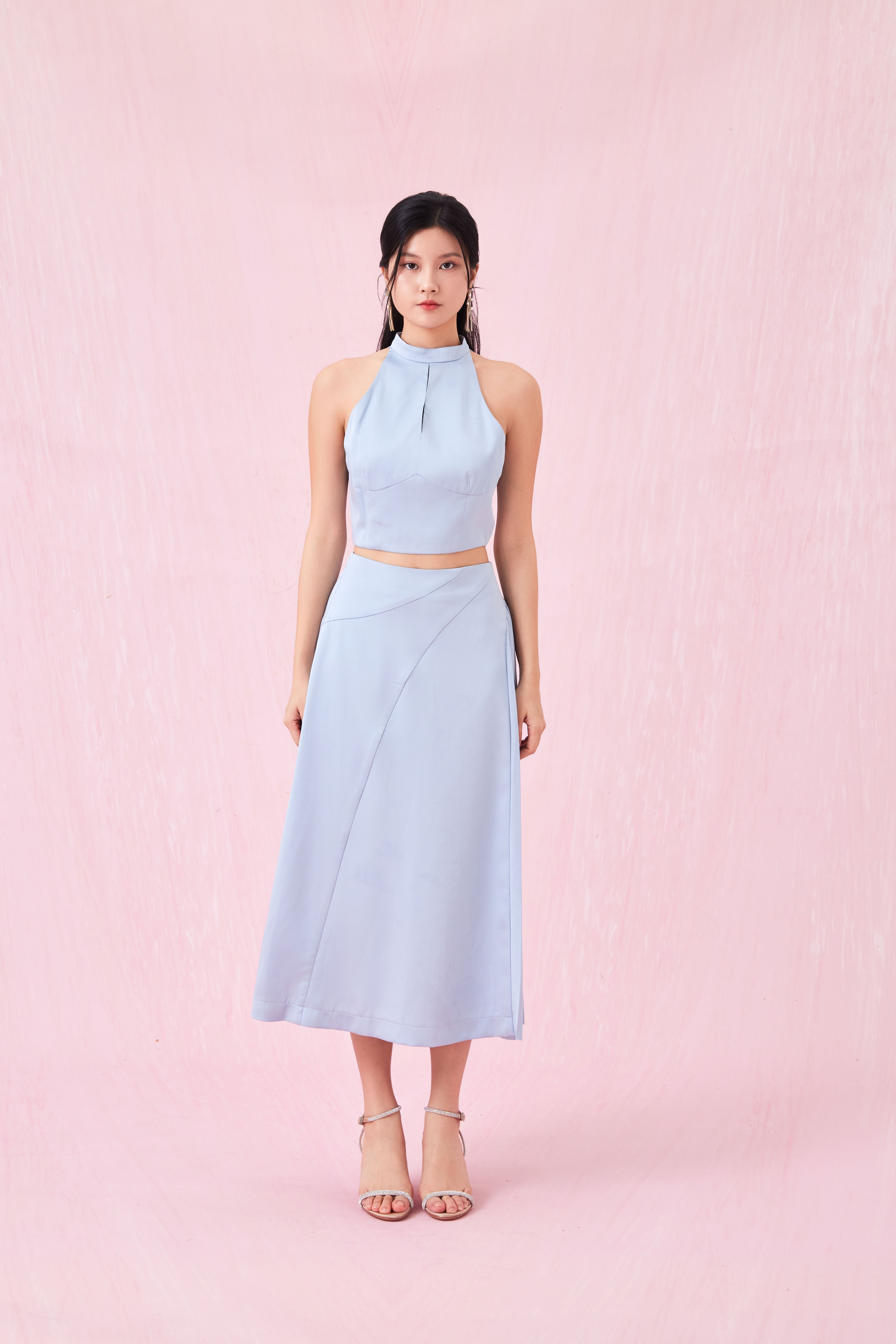 Cendrine Blue Satin Pleated Skirt