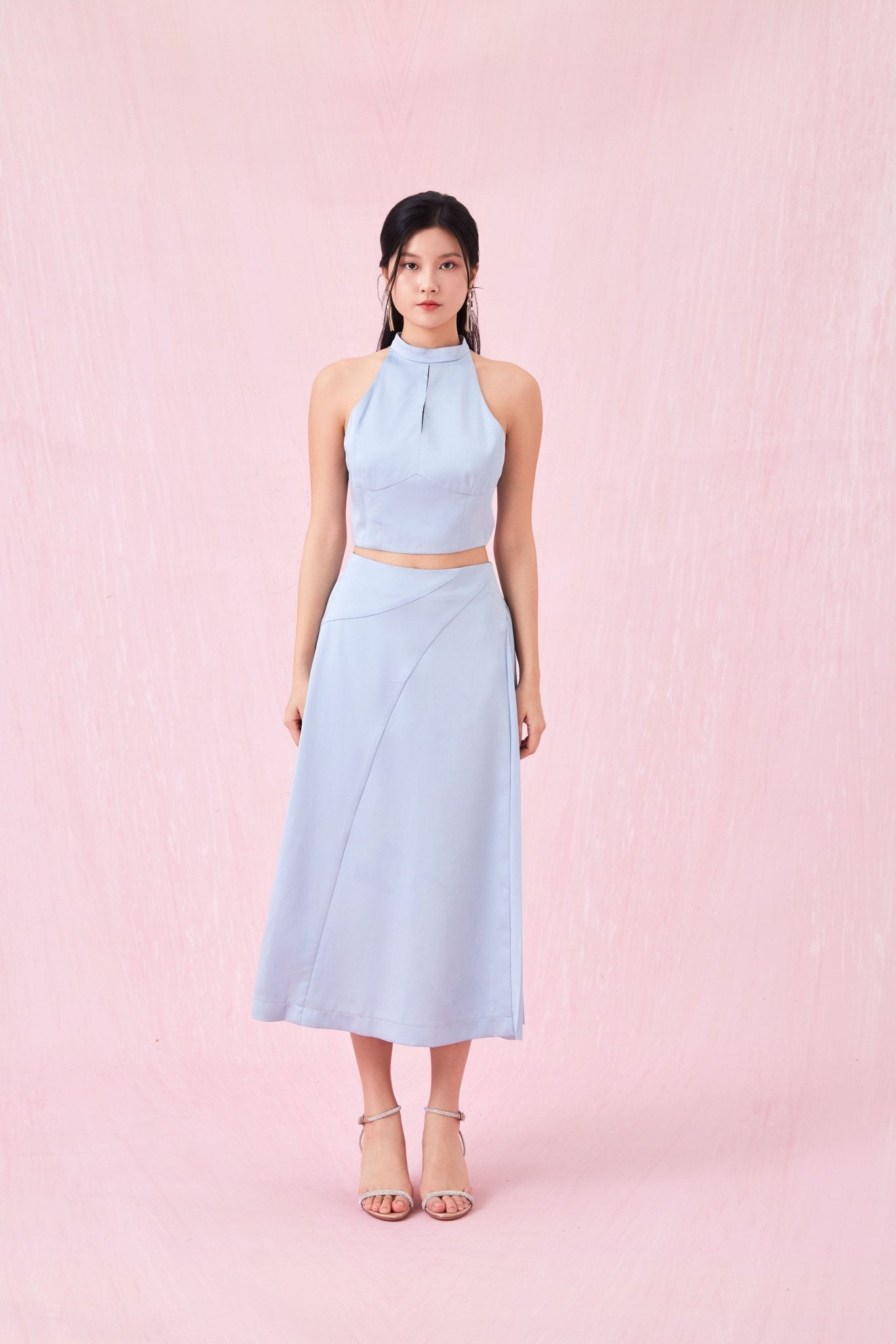 Cendrine Blue Satin Pleated Skirt - Nimisski