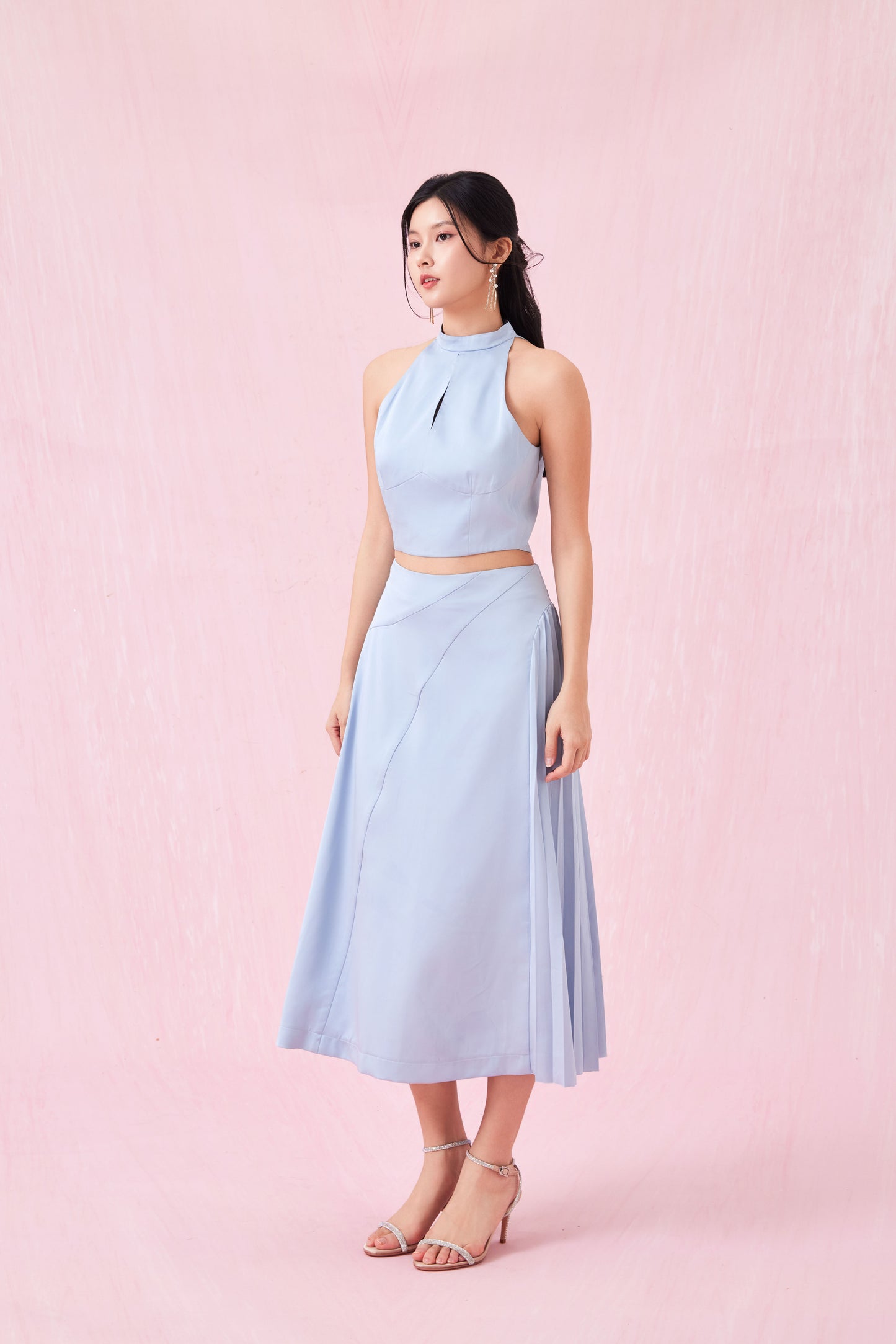 Cendrine Blue Satin Pleated Skirt