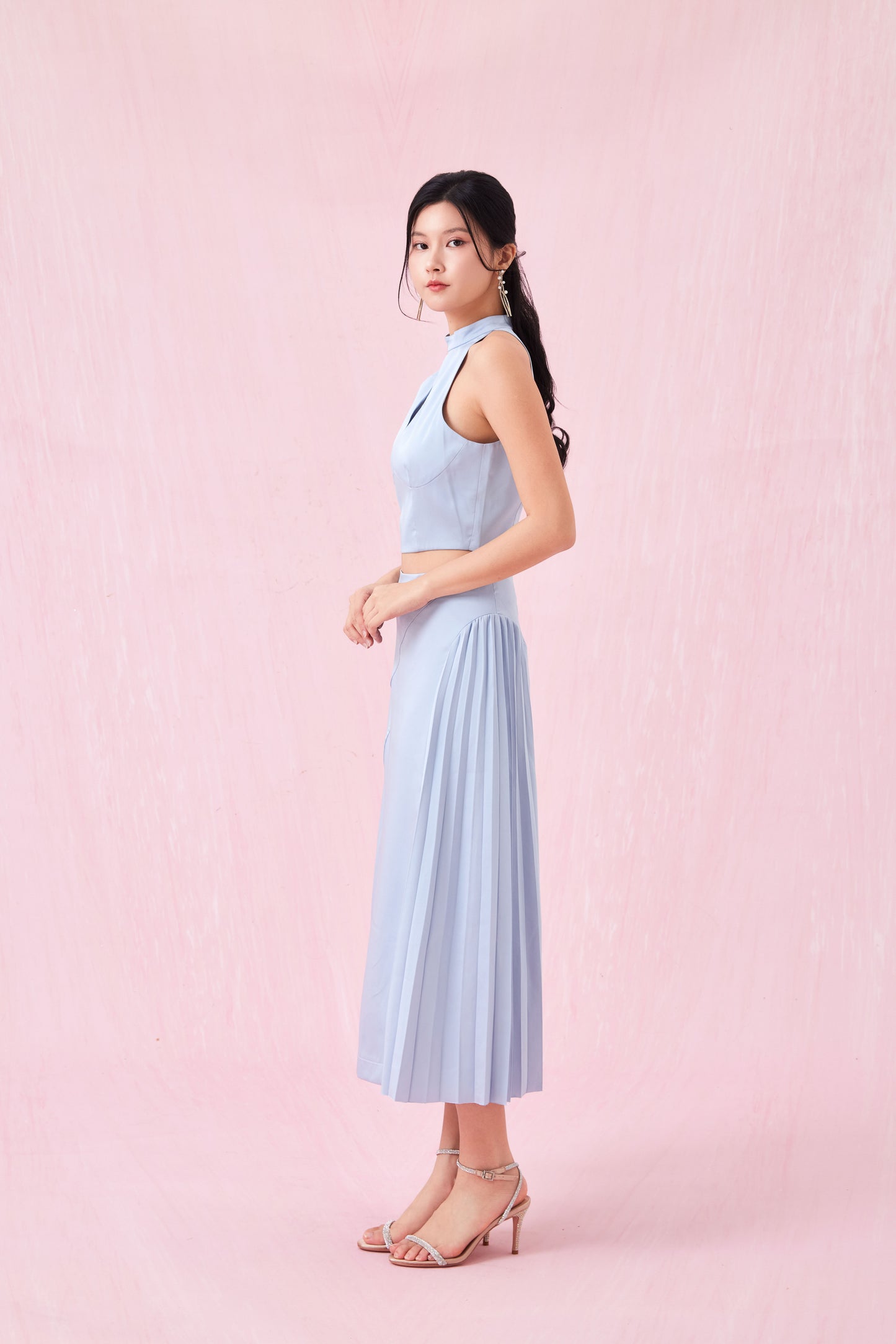 Cendrine Blue Satin Pleated Skirt