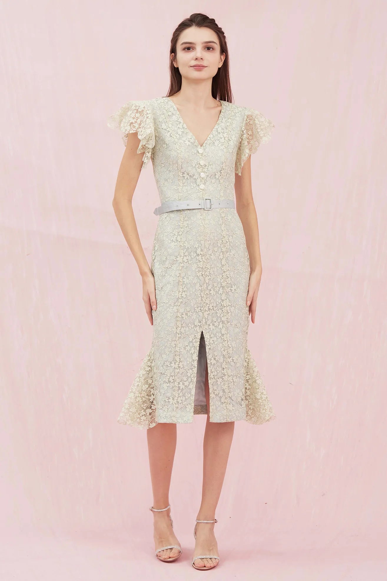 Arletta Green V Neck Lace Dress