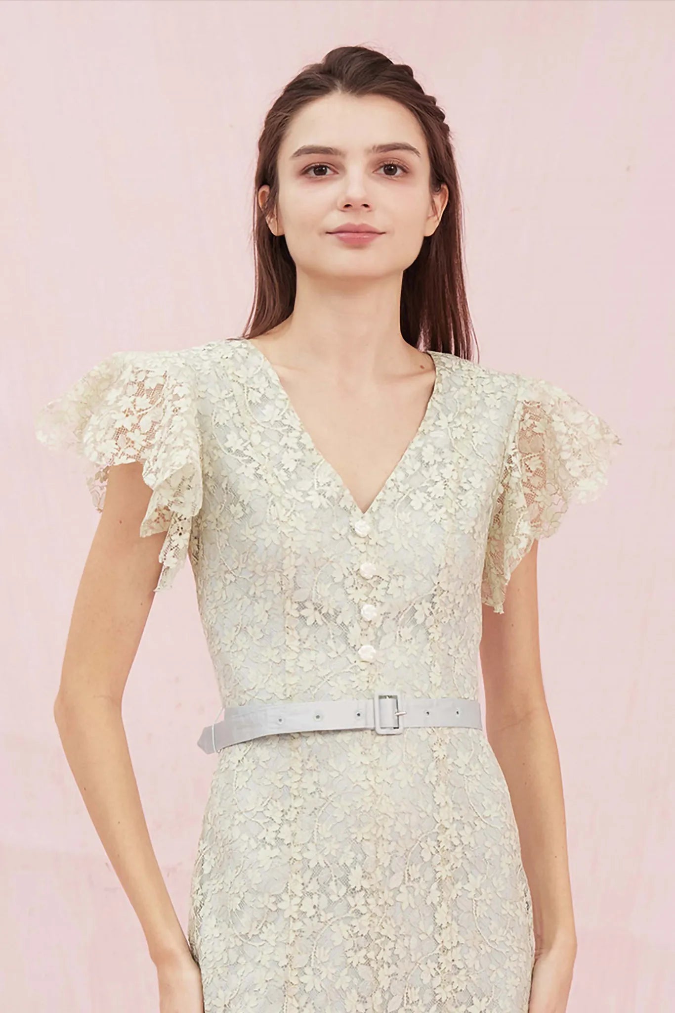 Arletta Green V Neck Lace Dress