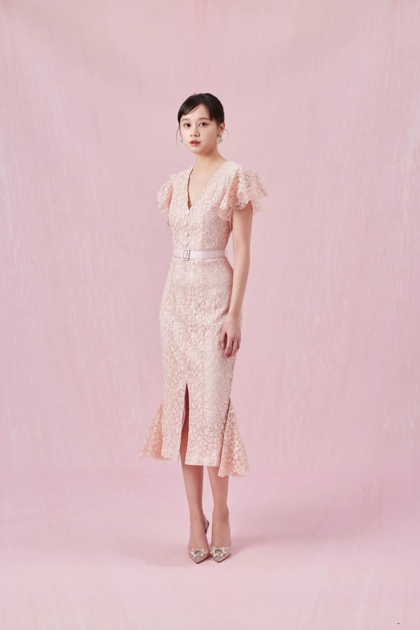 Arletta Pink V Neck Lace Dress