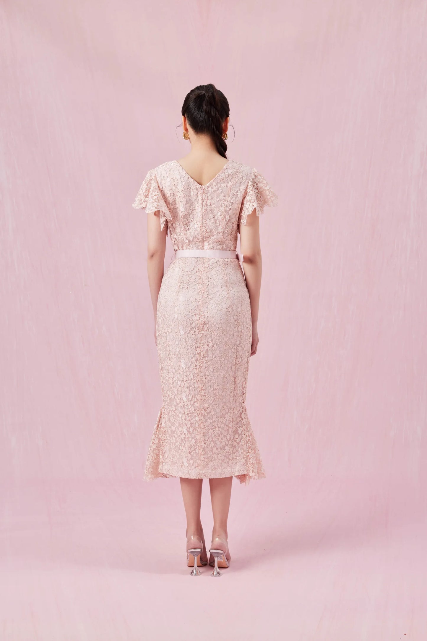 Arletta Pink V Neck Lace Dress