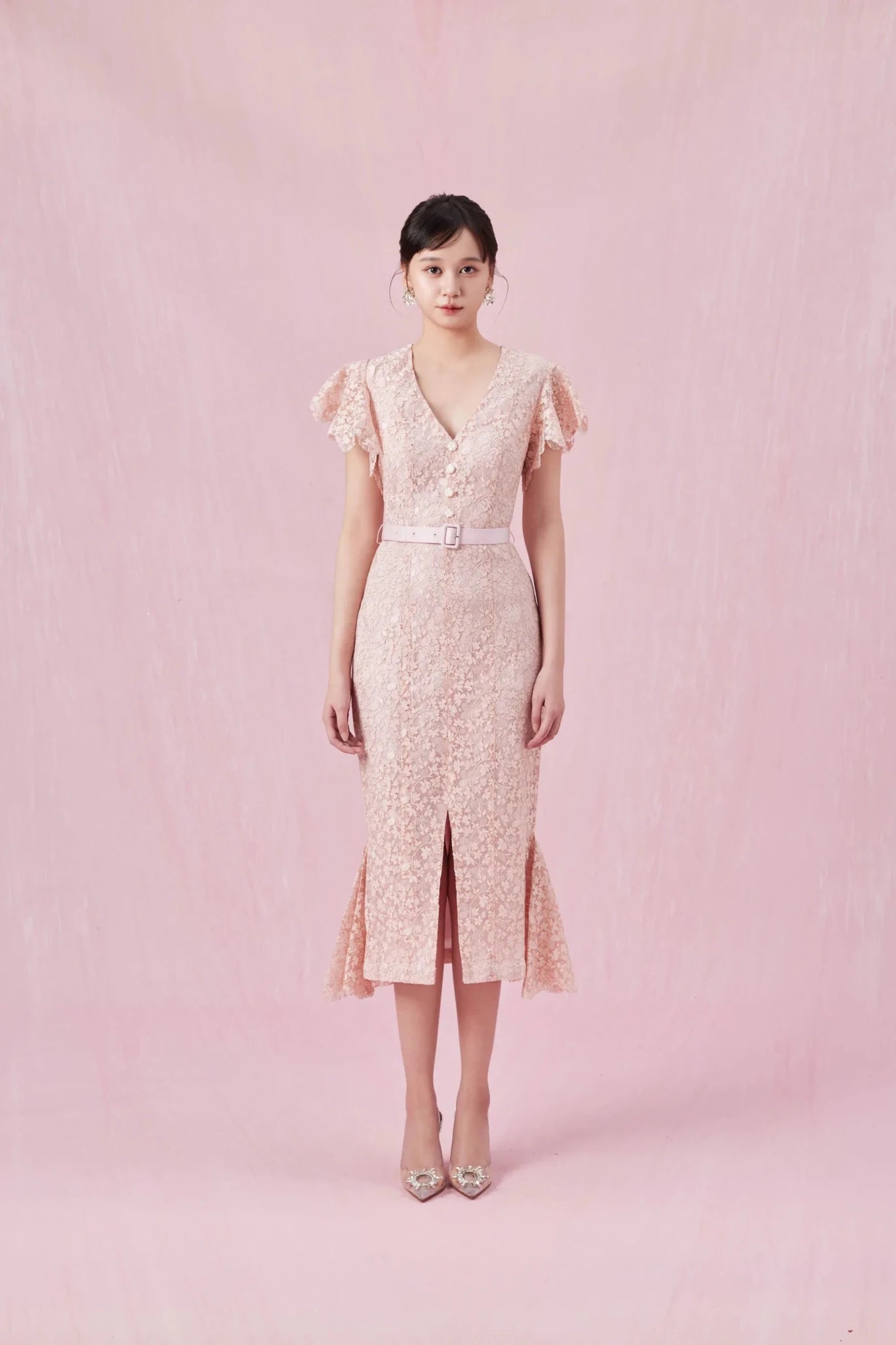 Arletta Pink V Neck Lace Dress - Nimisski