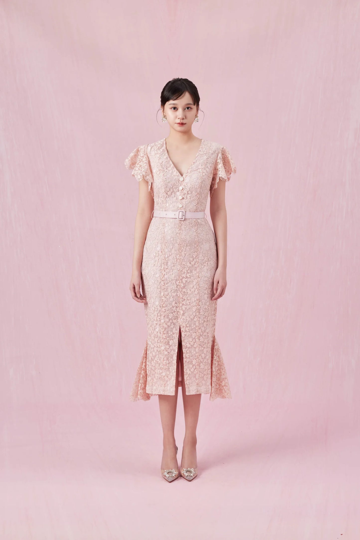 Arletta Pink V Neck Lace Dress