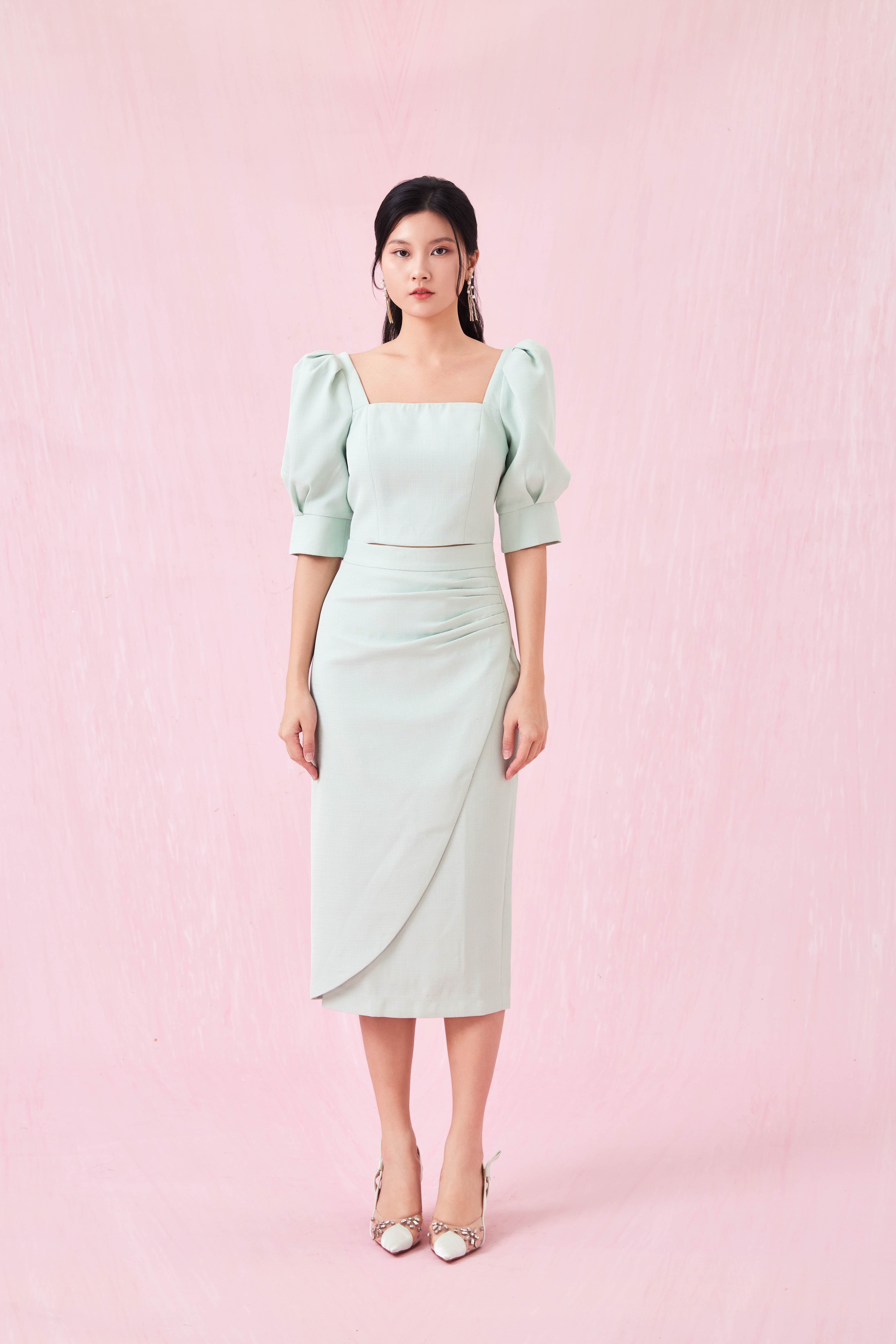 Gilian Light Green Midi Skirt With Slit