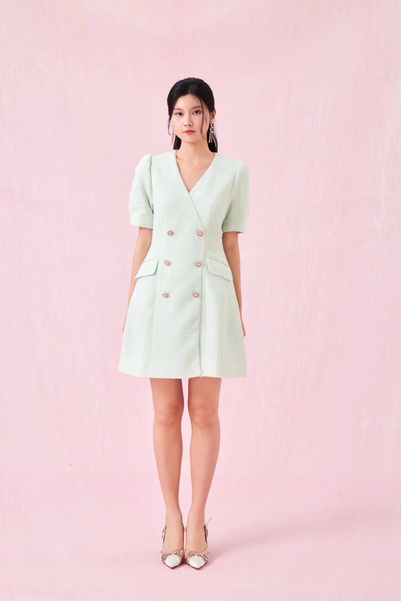 Grissel Button Green Tweed Dress - Nimisski